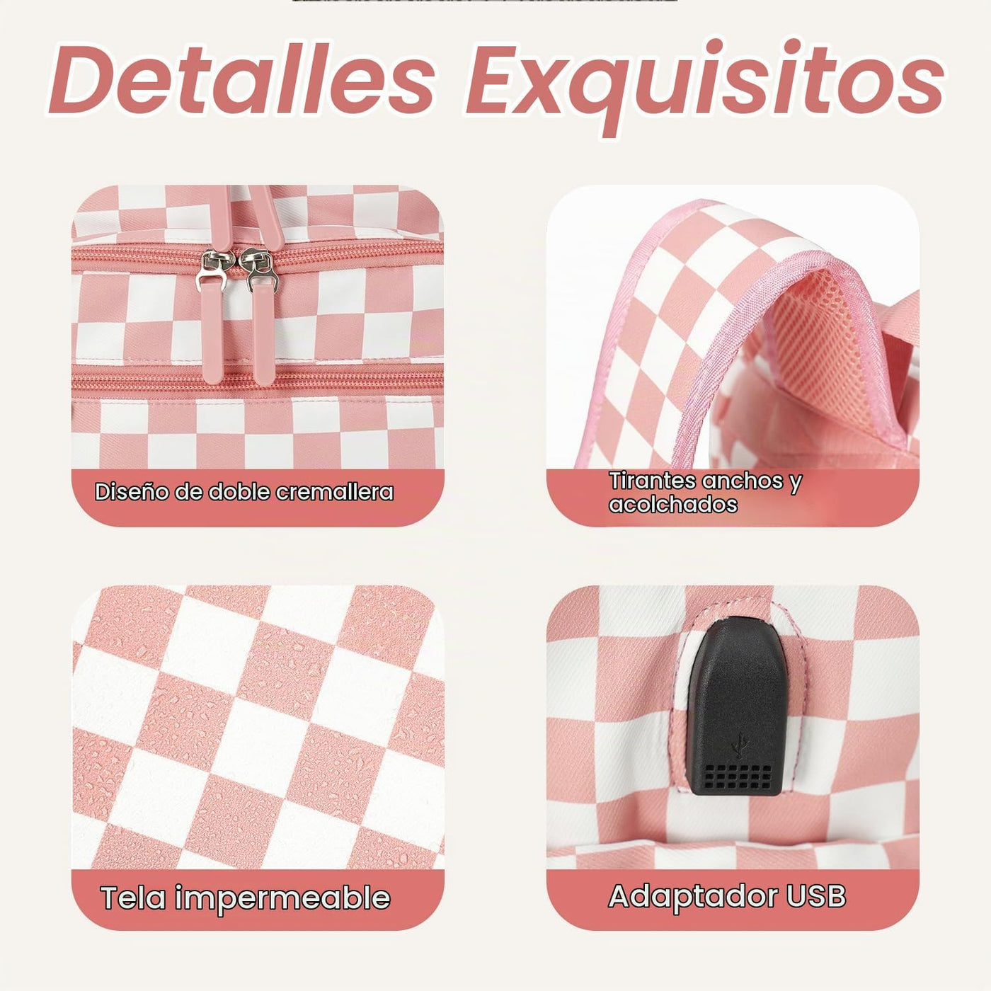 FHELAD Mochila de pañales a cuadros con cambiador y clips para coch...