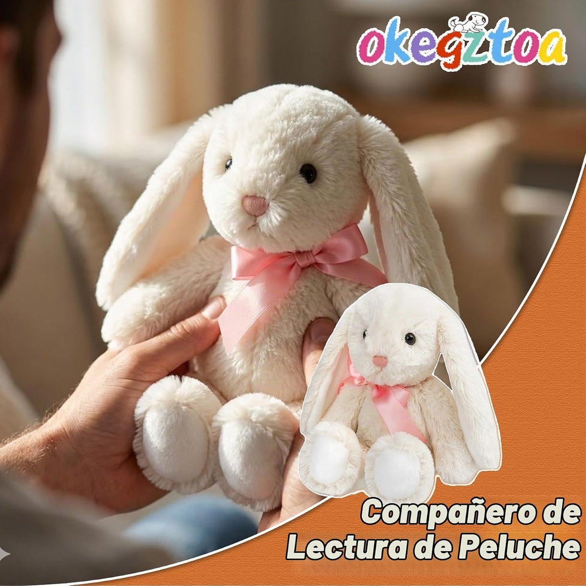 okegztoa Peluche de conejo color crema con lazo de cinta rosa y ore...