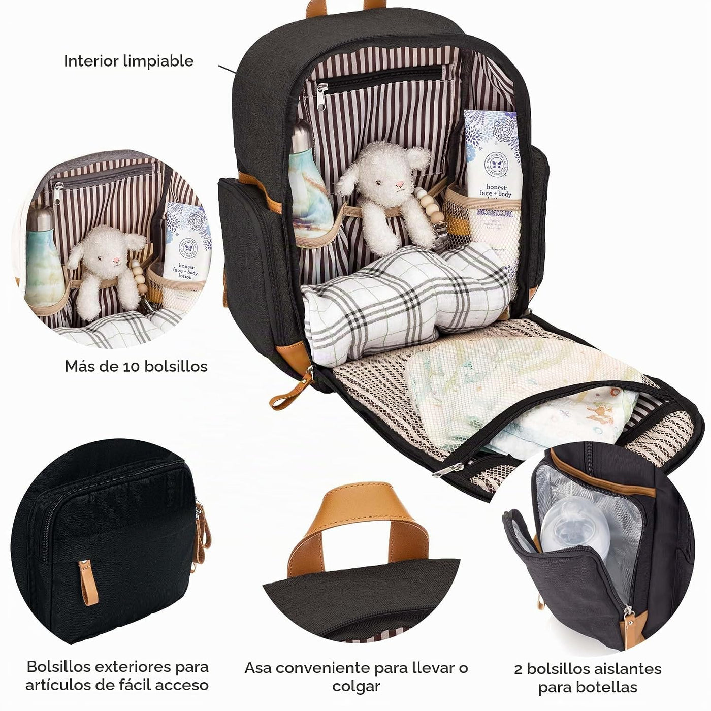 Parker - Mochila para pañales con cremallera completa y bolsillos a...