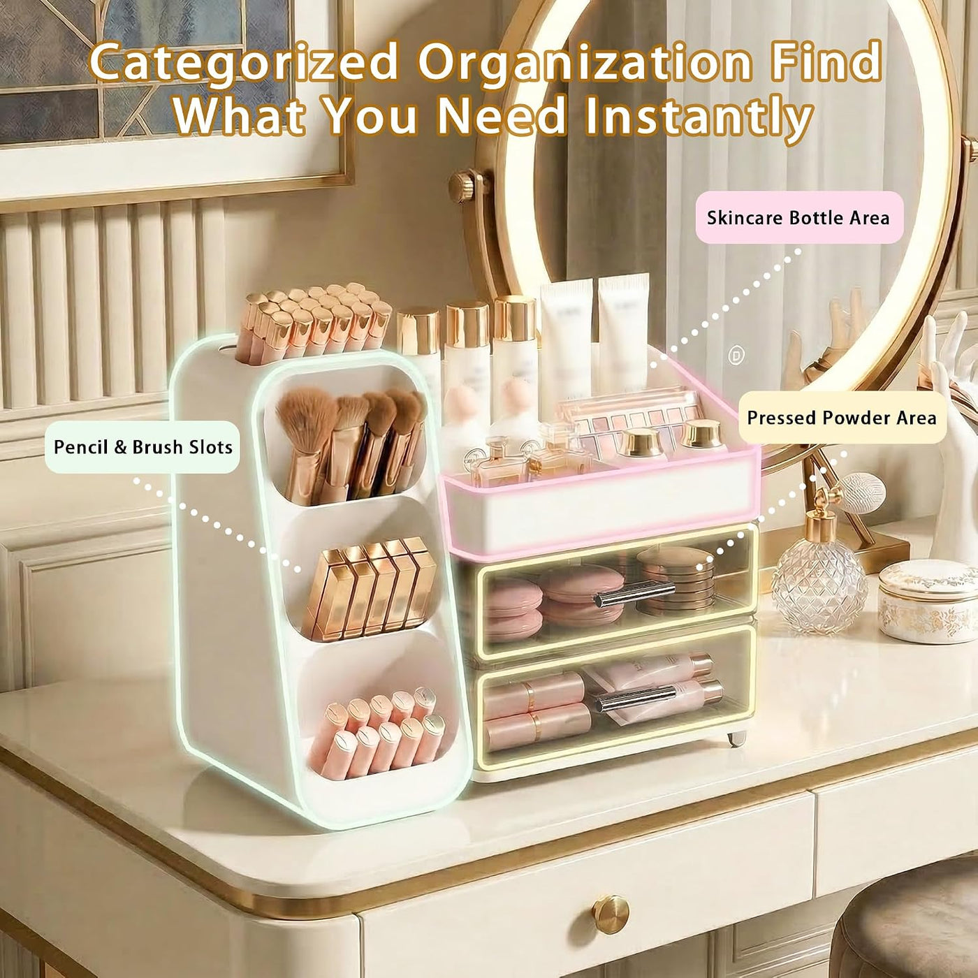 Organizador de maquillaje de gran capacidad con soporte para brocha...