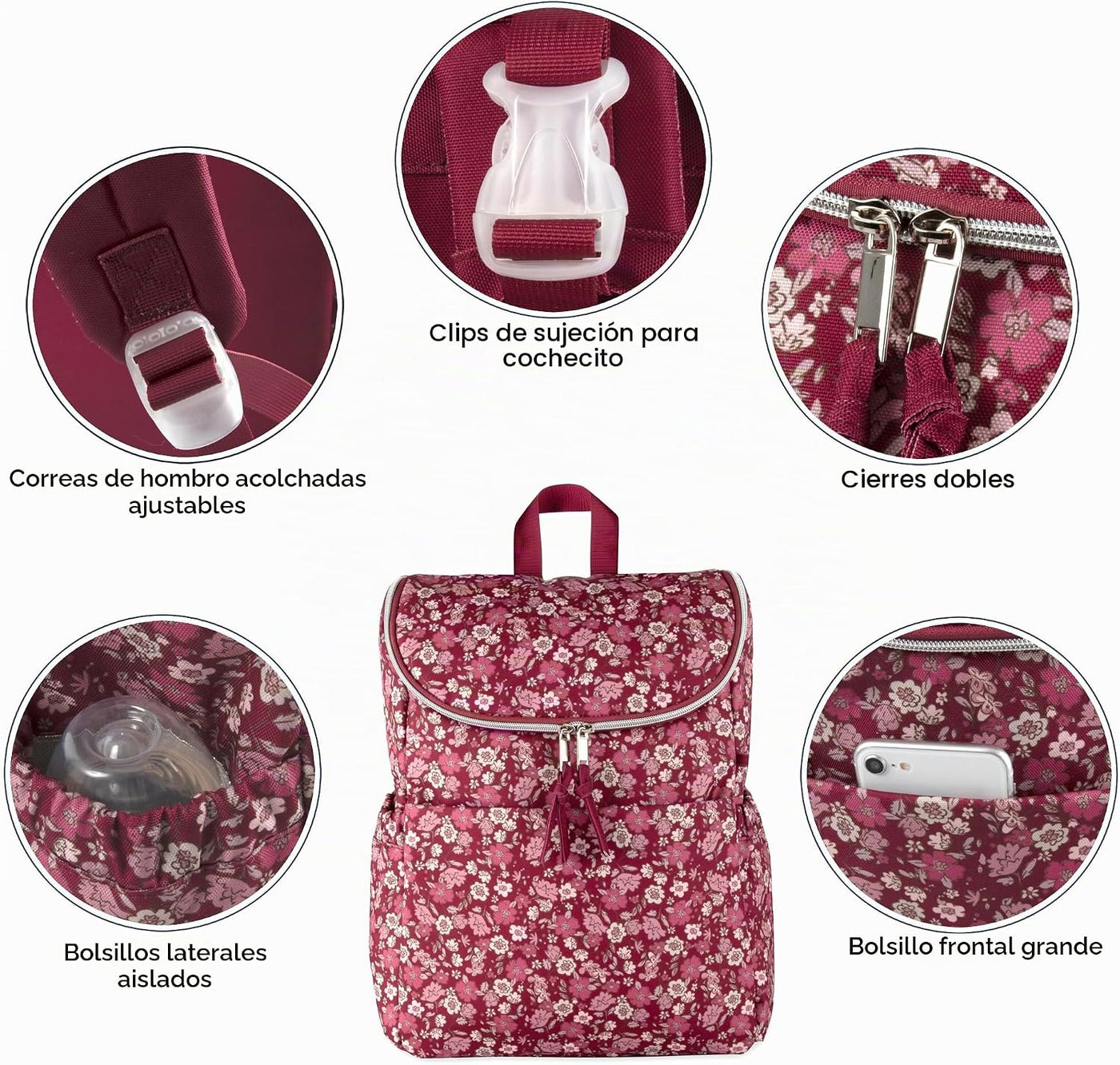 Mochila de pañales floral multifunción y bolsa de pañales de viaje...