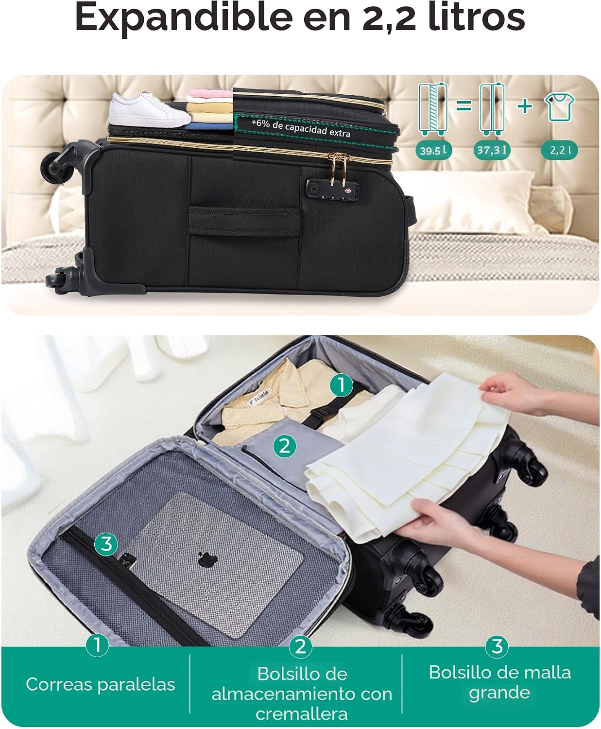BAGSMART equipaje de mano giratorio expandible de 20 pulgadas, apro...