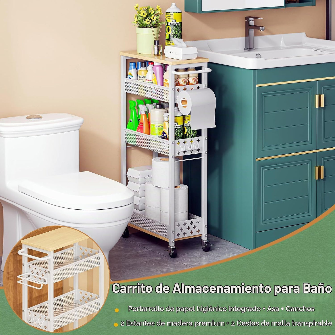 OKZEST Organizadores de baño delgados y carrito de almacenamiento c...