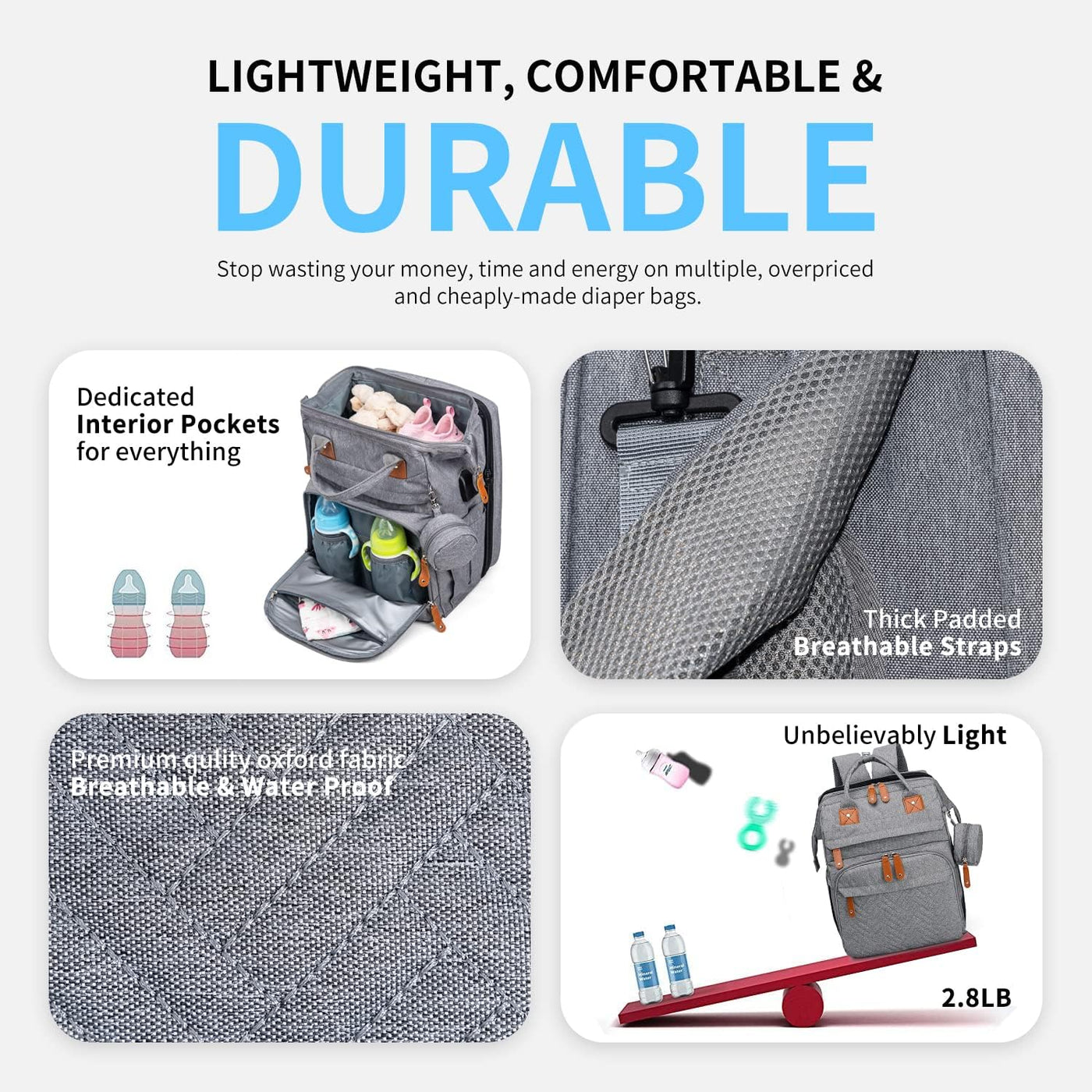 KABAQOO Mochila para pañales con estación de cambio desmontable, bo...