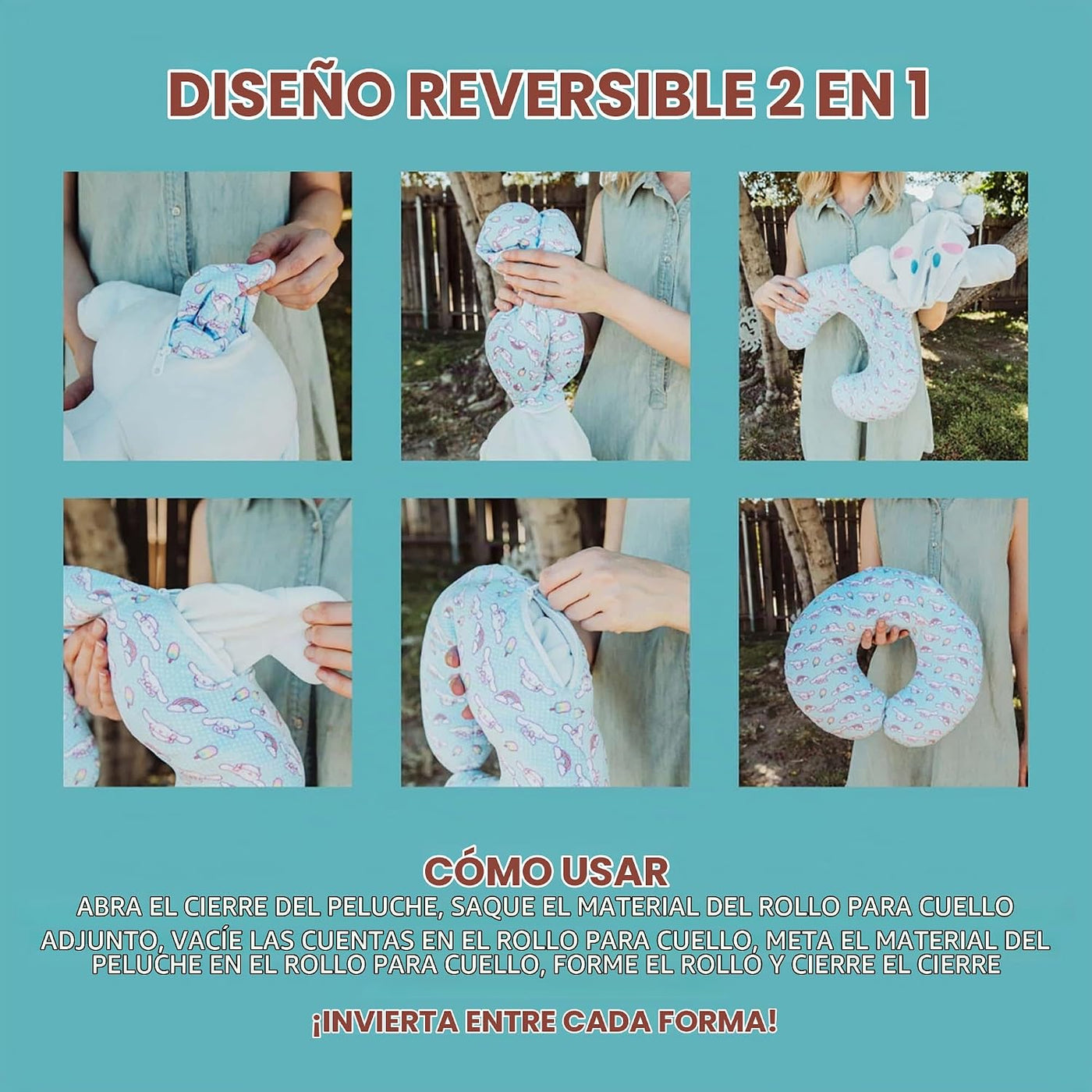 Sanrio Cinnamoroll - Almohada cervical reversible y felpa para adul...