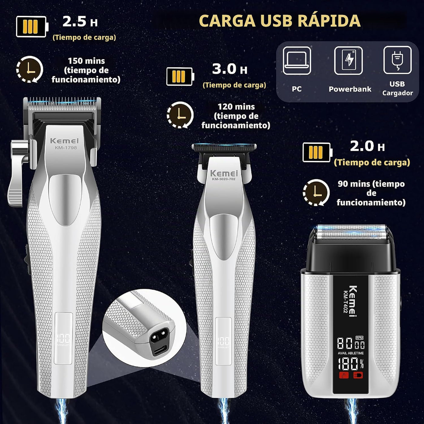 KEMEI Cortapelos para hombres, juego de cortapelos sin cuerda con c...