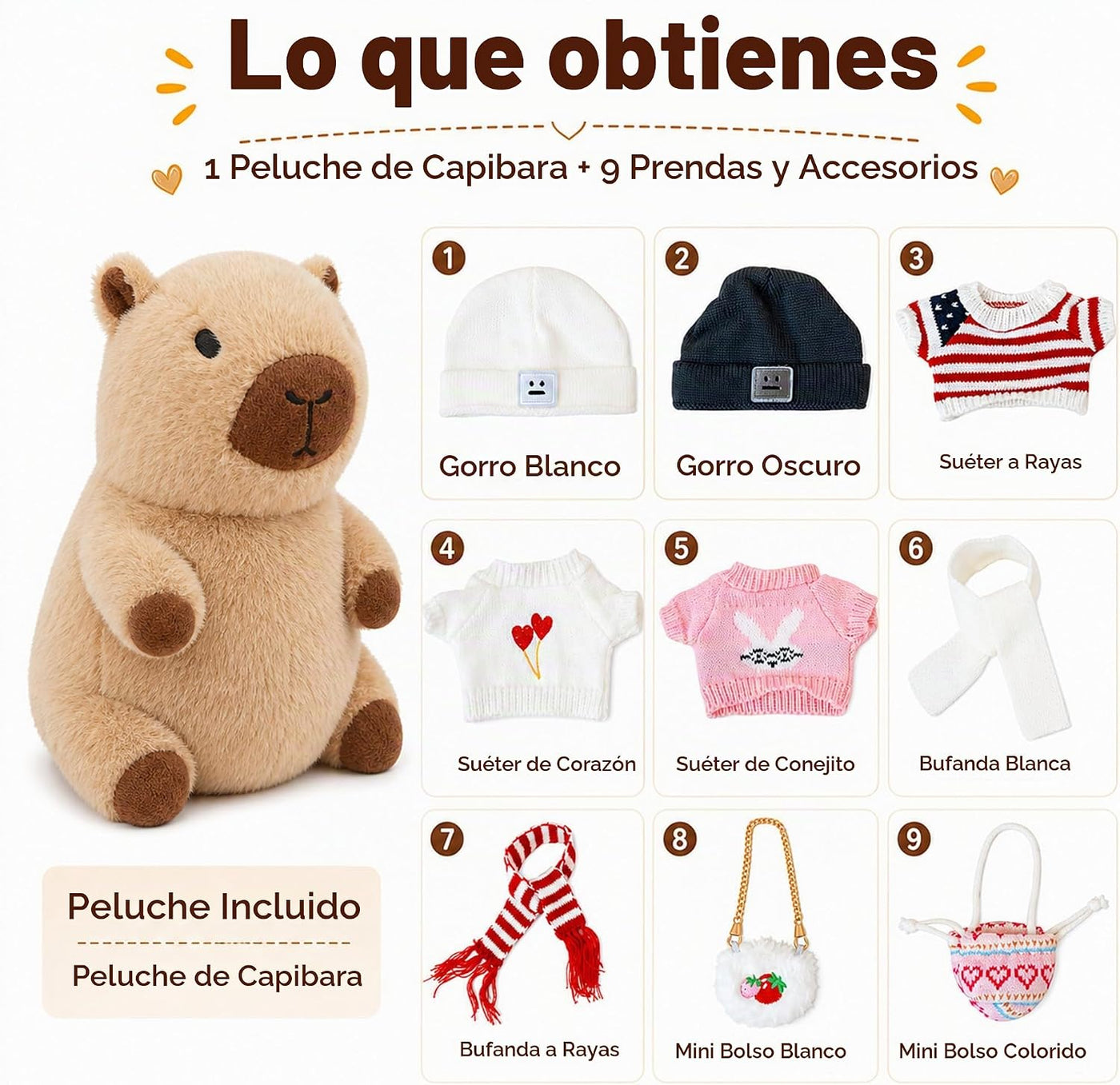 WAKSUN Capybara - Peluche con 10 piezas de ropa y accesorios, anima...