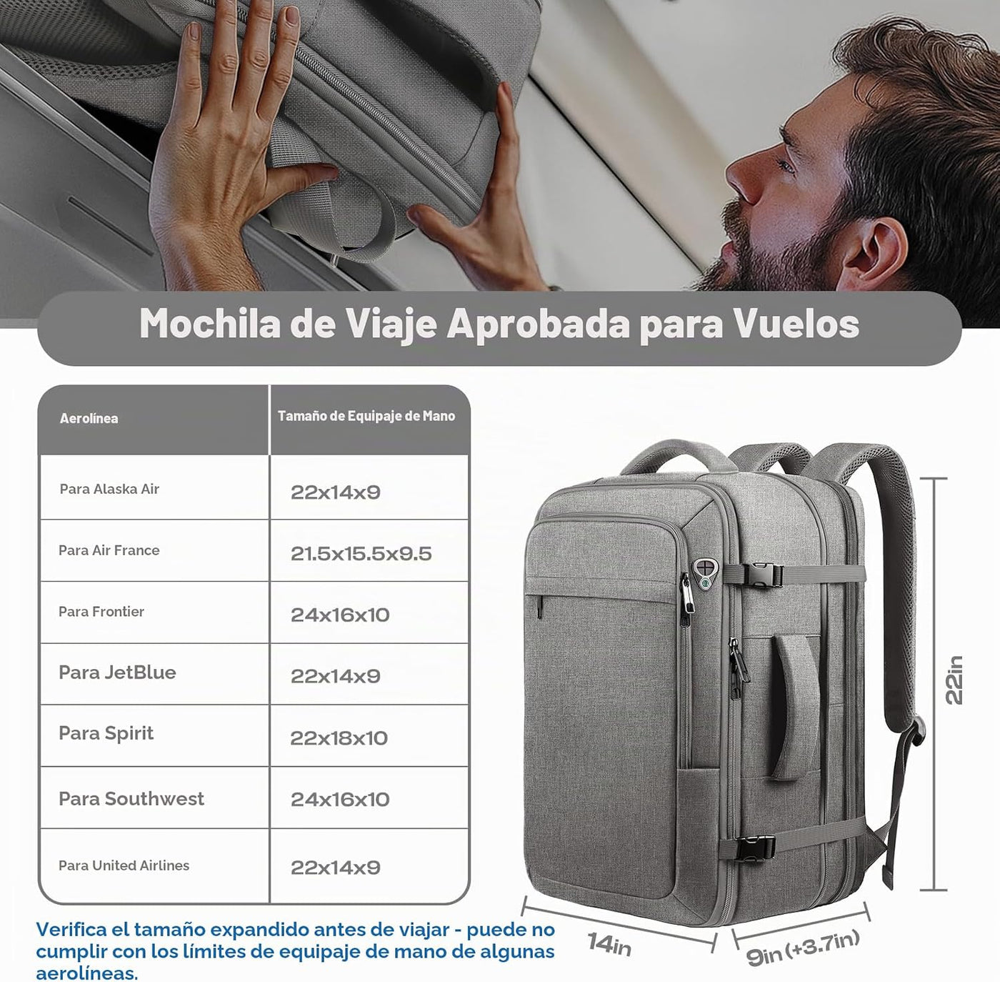 Sirmaeed Mochila de mano para hombre, apta para viajes, se adapta a...