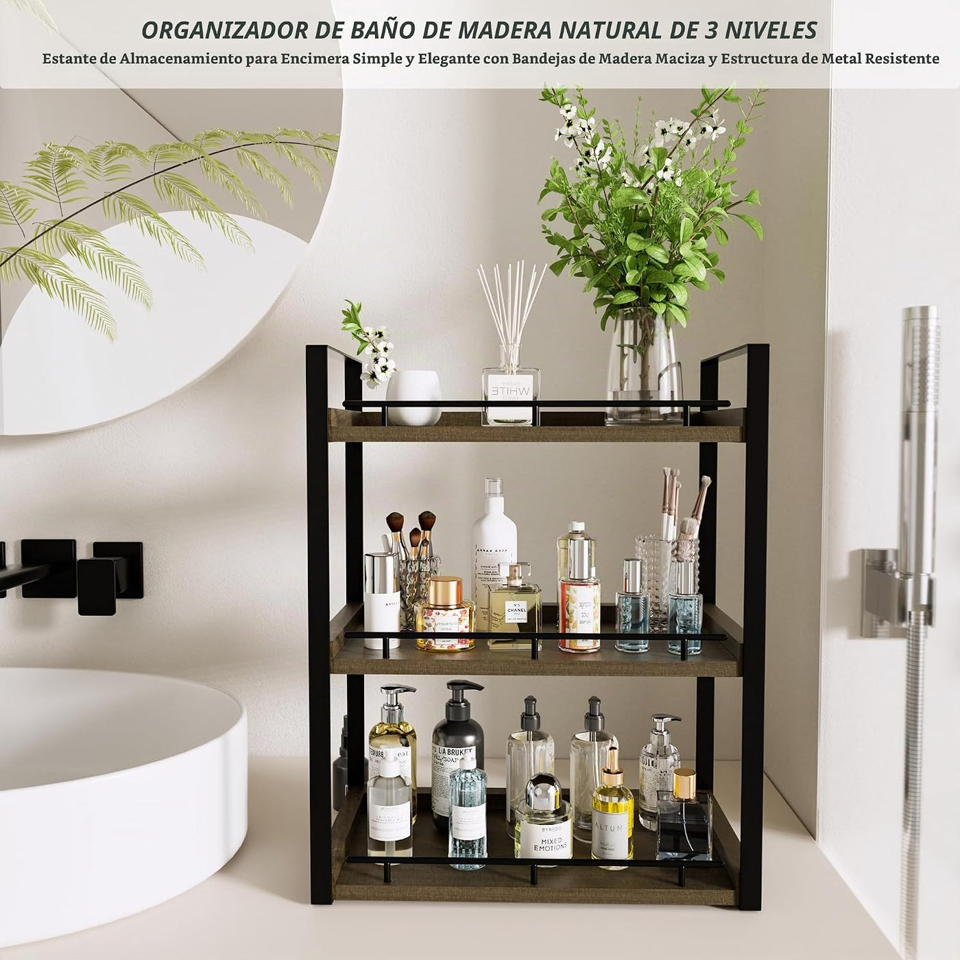 CeleVista Organizador de encimera de baño, estante de madera de 3 n...