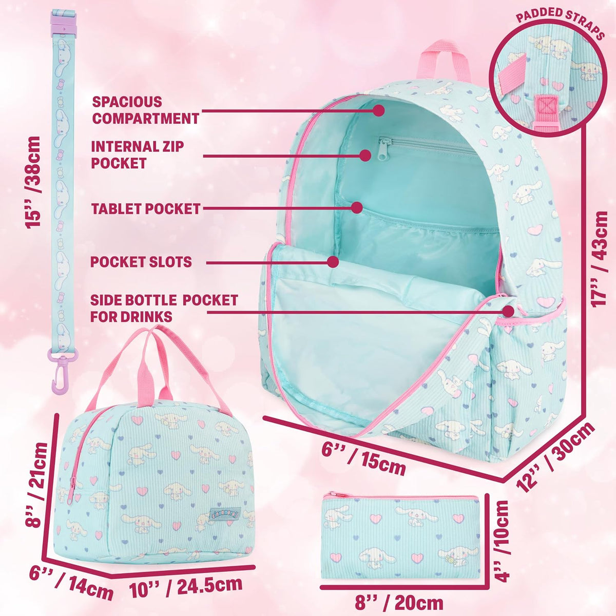 Get Trend Cinnamoroll Mochila de pana para niñas Juego de 4 piezas...