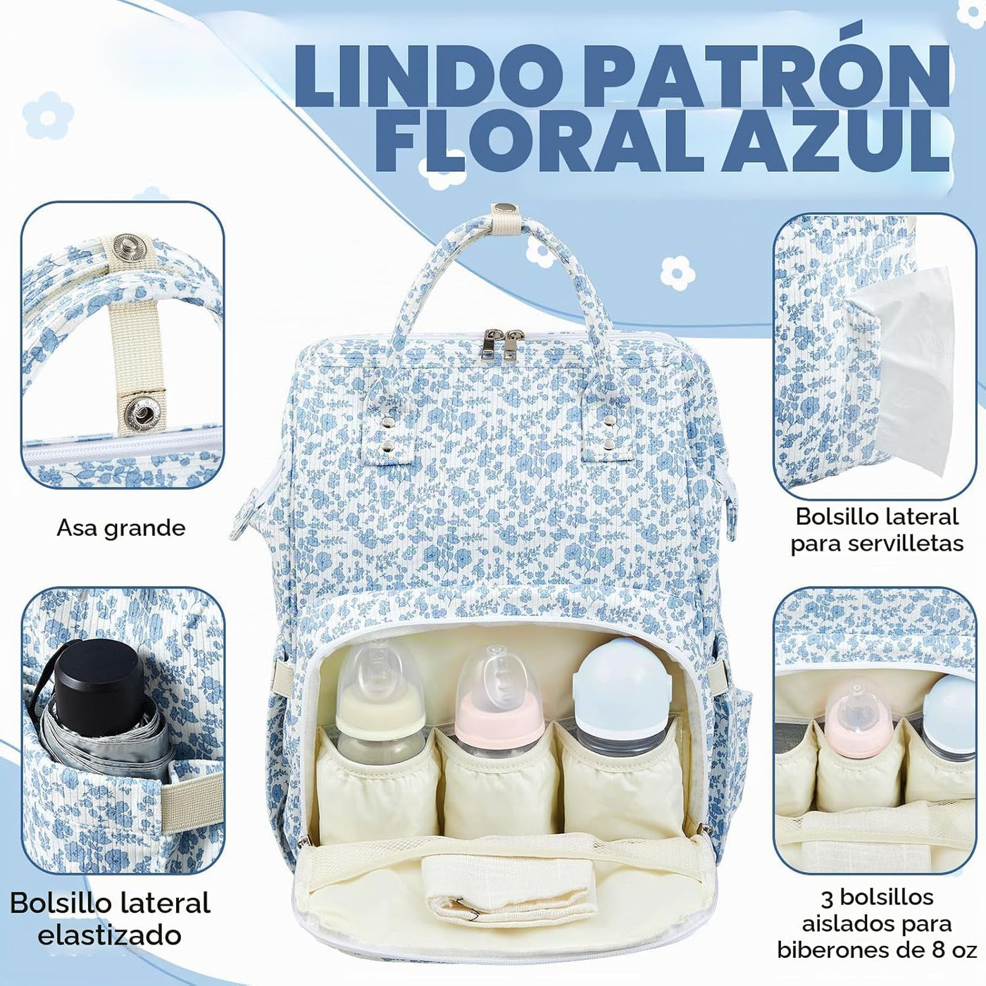 Sunnymove - Mochila para pañales con cambiador, color azul, floral...