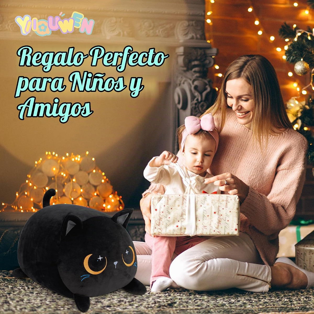 YIIQUWEN Gato Negro de Peluche Lindo Gato de Peluche Suave con 4 Al...