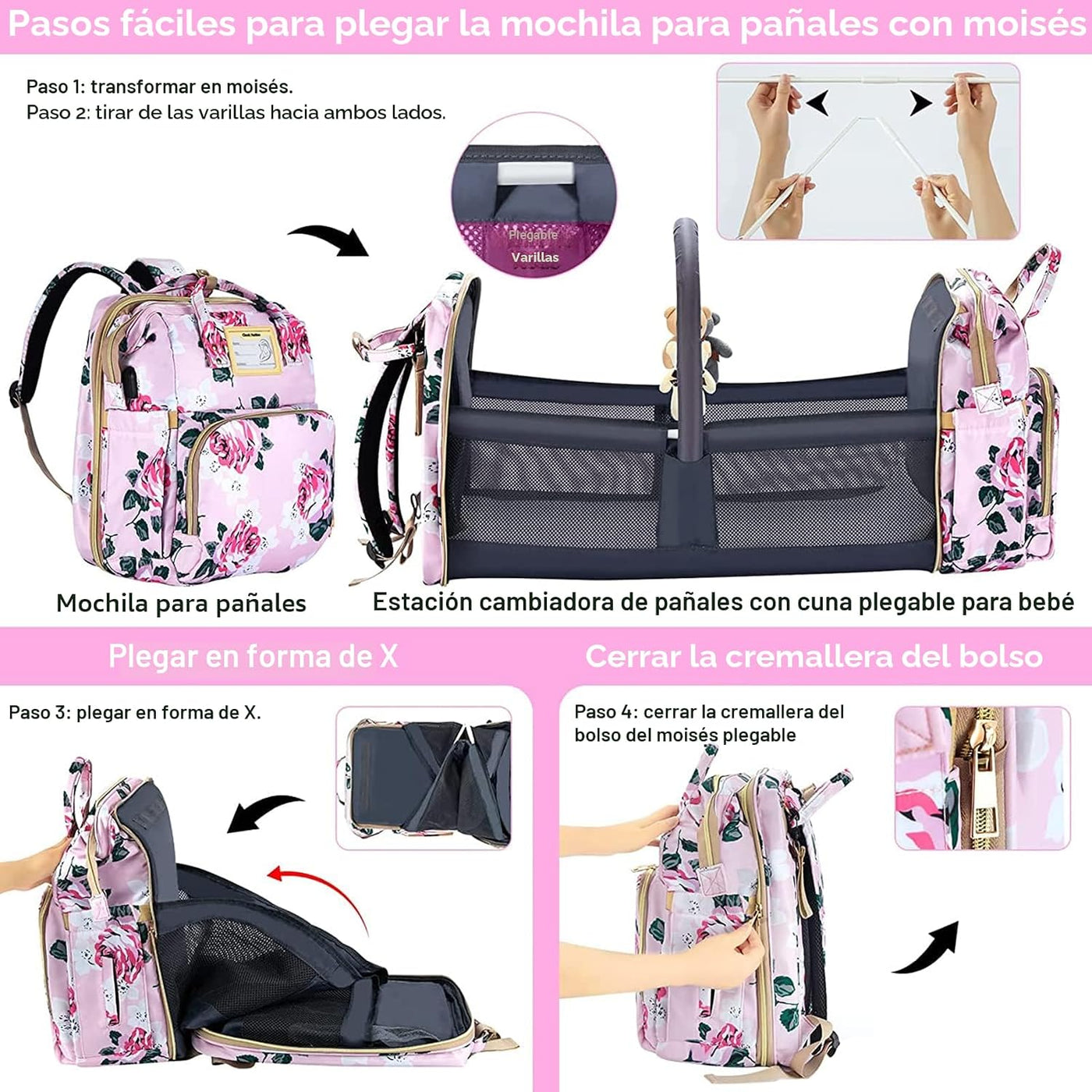 GurZinn Mochila de Pañales con Estación de Cambio, Plegable para Be...