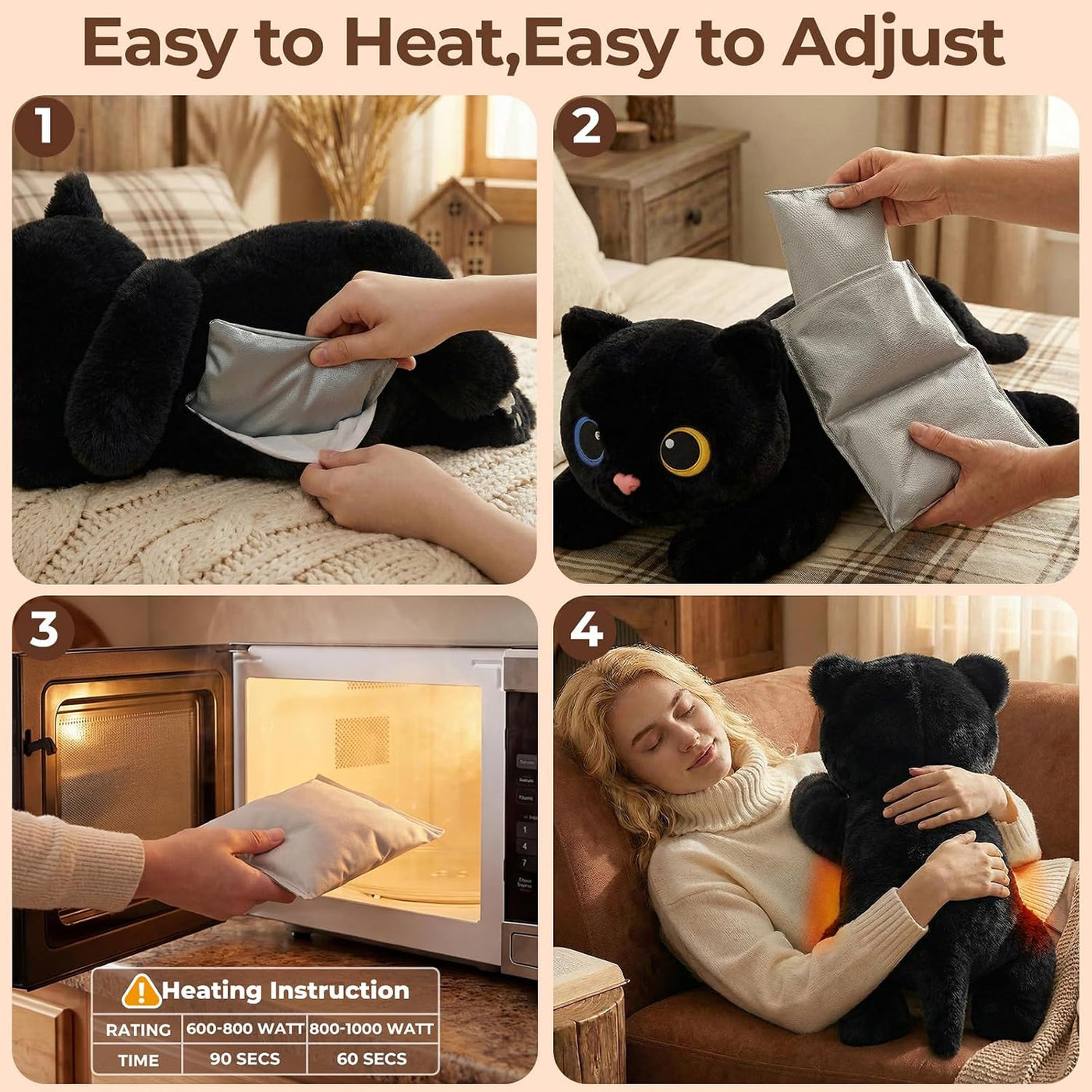 Mewaii Animales de peluche con peso, gato negro, calentable, refrig...