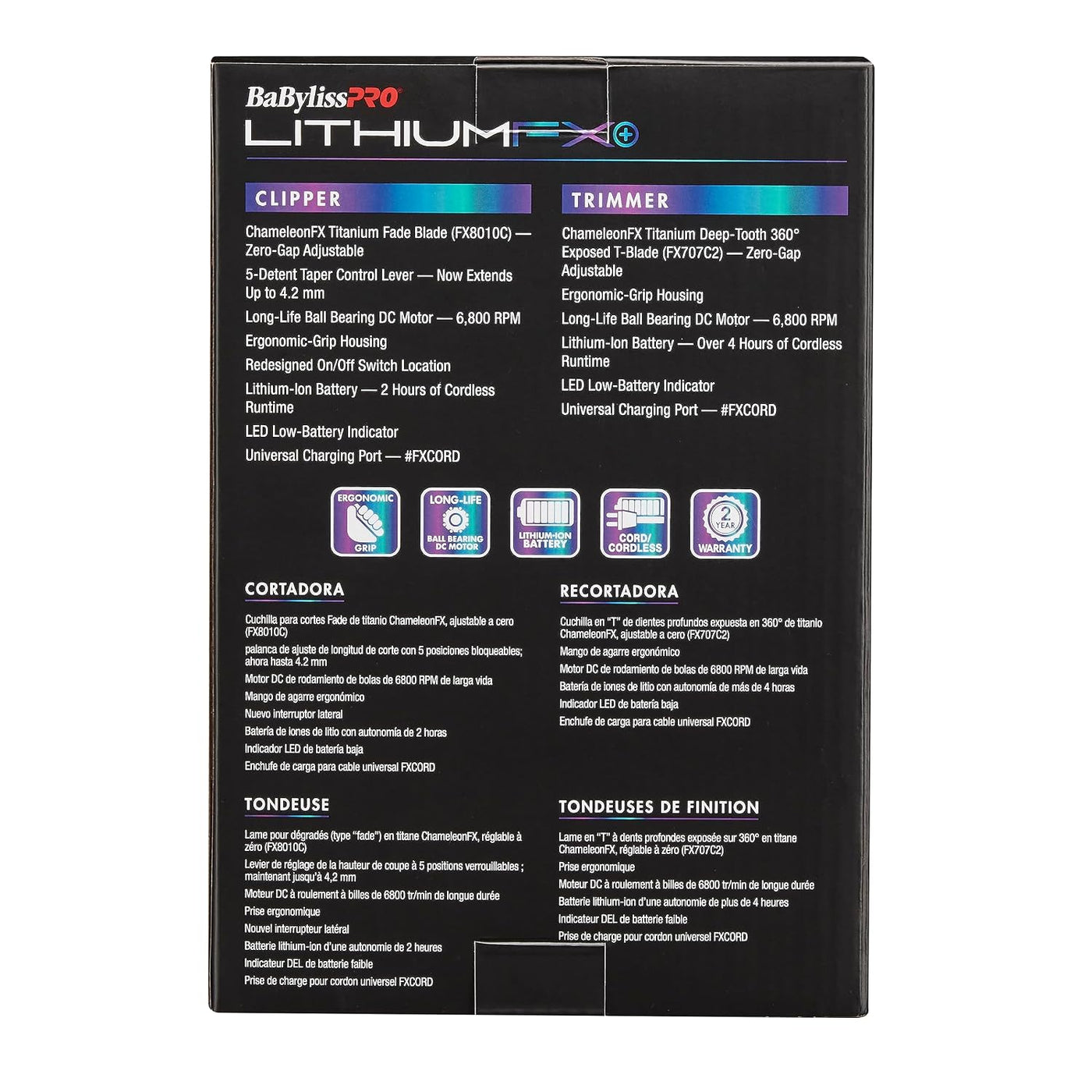 BaBylissPRO LithiumFX Cord\/Cortapelos ergonómicos de litio inalámb...