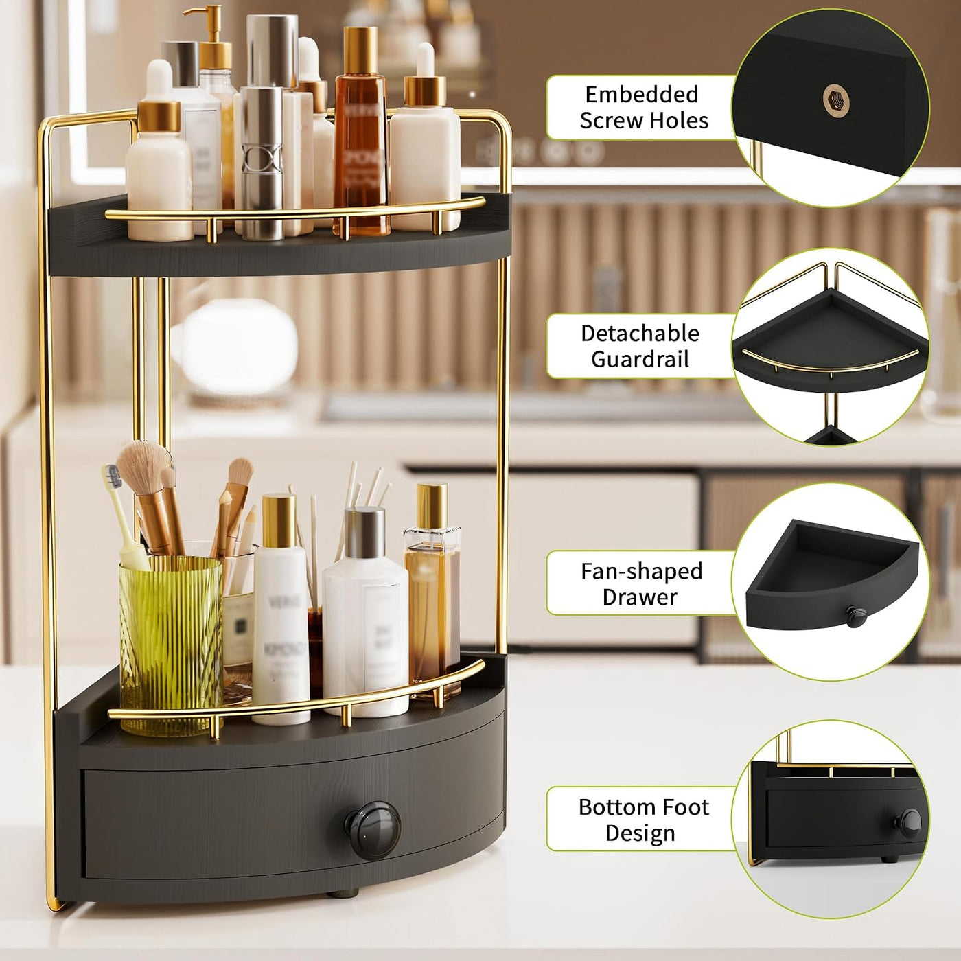 Naeqieo Organizador de mostrador de baño esquinero de 2 niveles con...