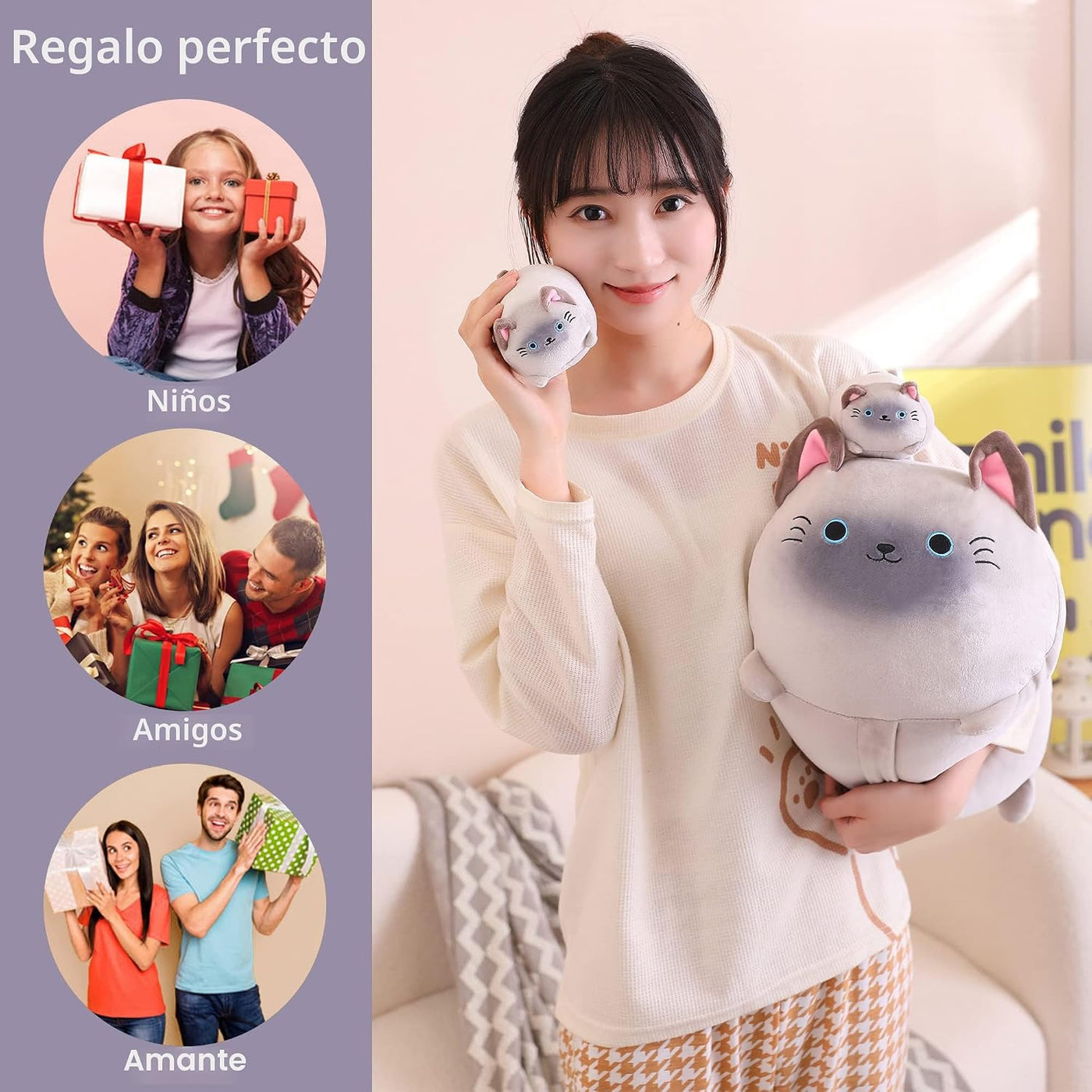 SQEQE Peluche de gato siamés, lindos animales de peluche para mamá...