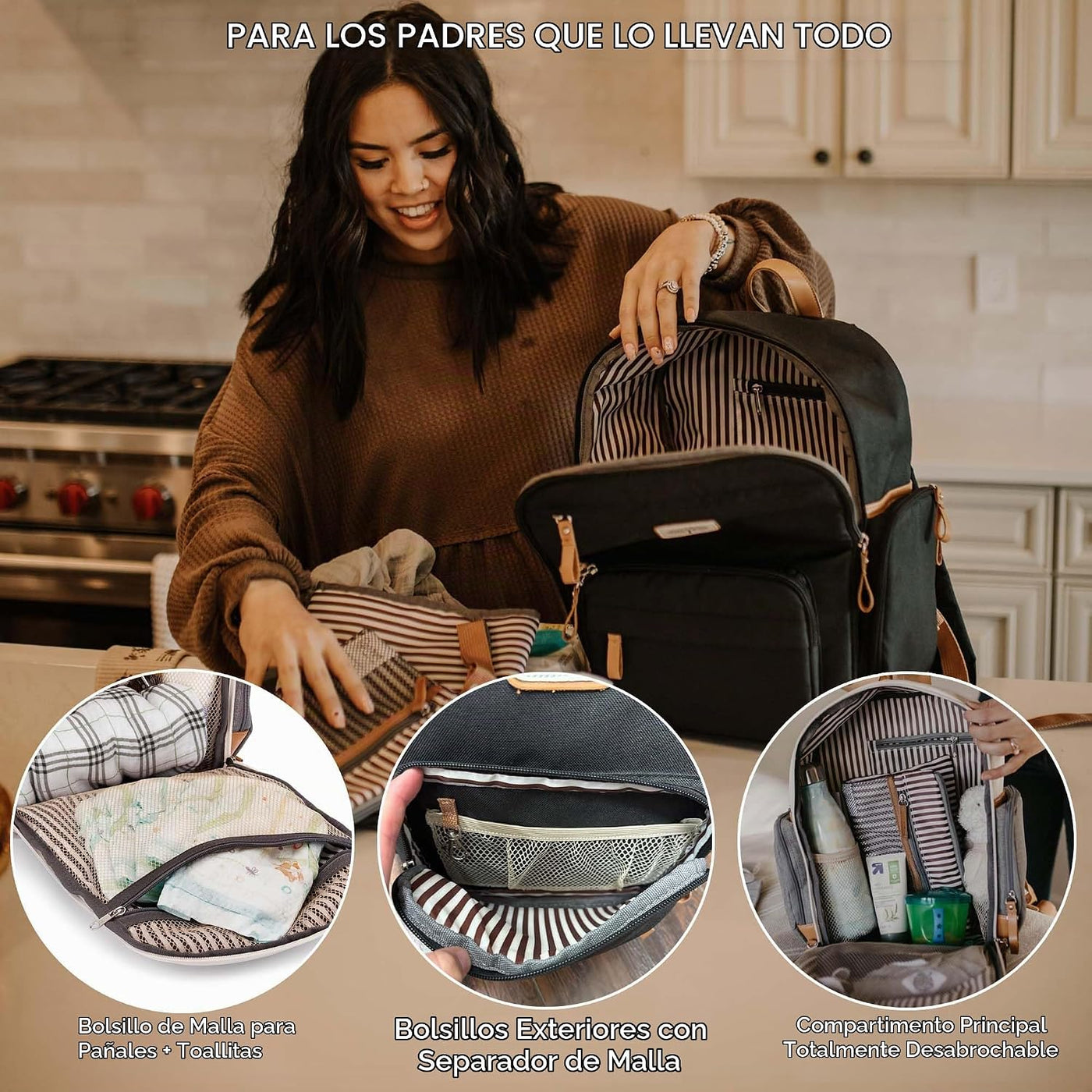 Parker - Mochila para pañales con cremallera completa y bolsillos a...