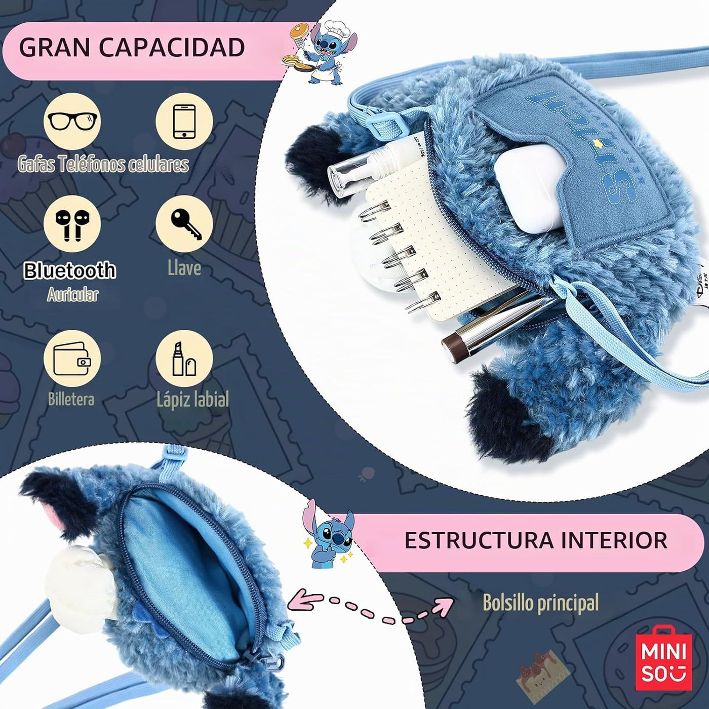 MINISO Disney Stitch Crossbody Lilo & Stitch Billetera de dibuj...