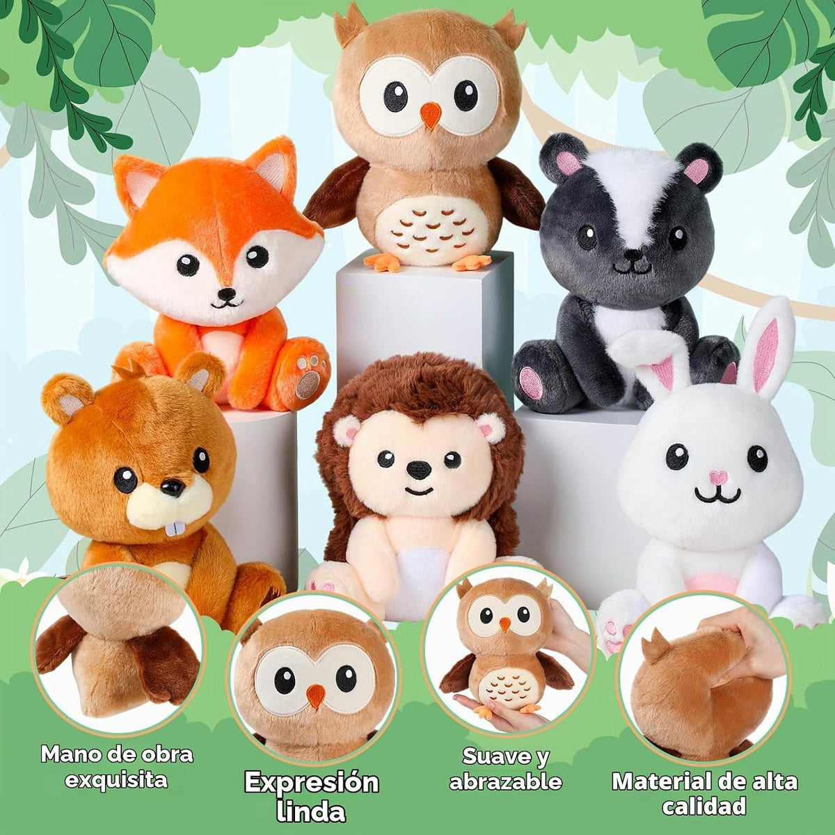 RoundFunny Juego de 6 animales de safari de 7 pulgadas | Búho, cone...