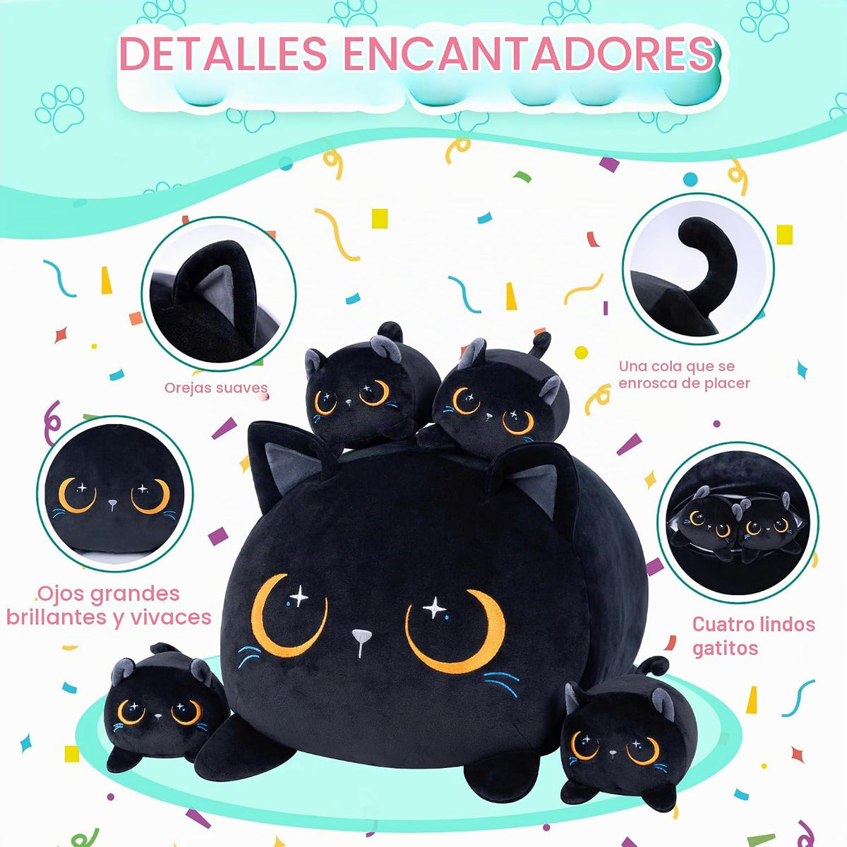 YIIQUWEN Gato Negro de Peluche Lindo Gato de Peluche Suave con 4 Al...
