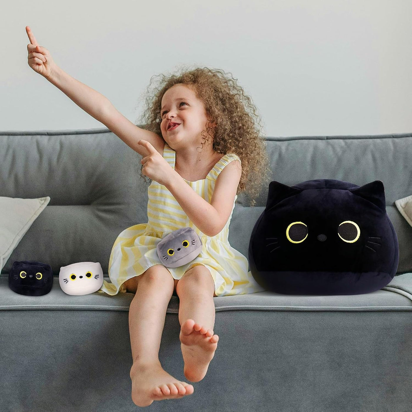 WeBingo Juego de 4 piezas de peluche de gato negro, almohada de pel...