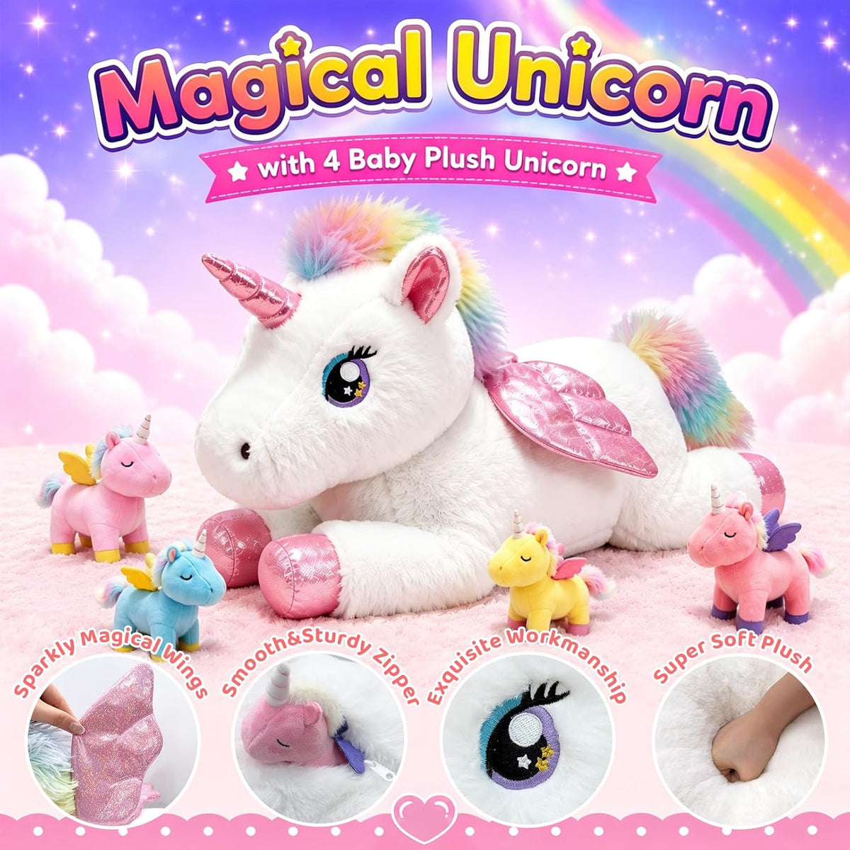 MMguai Animal de peluche de unicornio 5-1 con bebés en vientre con...