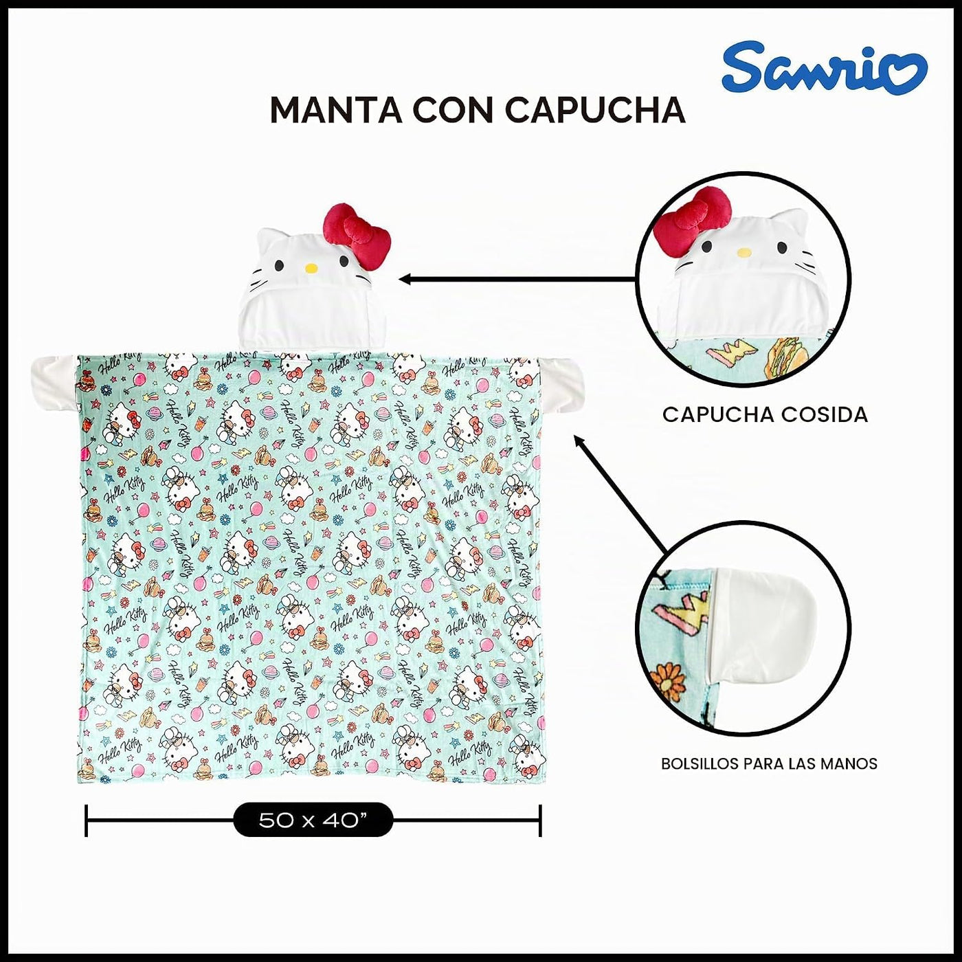 Northwest Sanrio Manta Hello Kitty, Manta con Capucha Usable, Capuc...