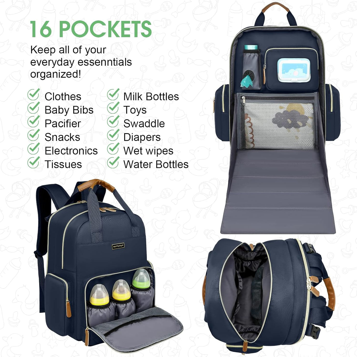 WITSTEP Mochila para pañales con cambiador, organizador de bolsas d...