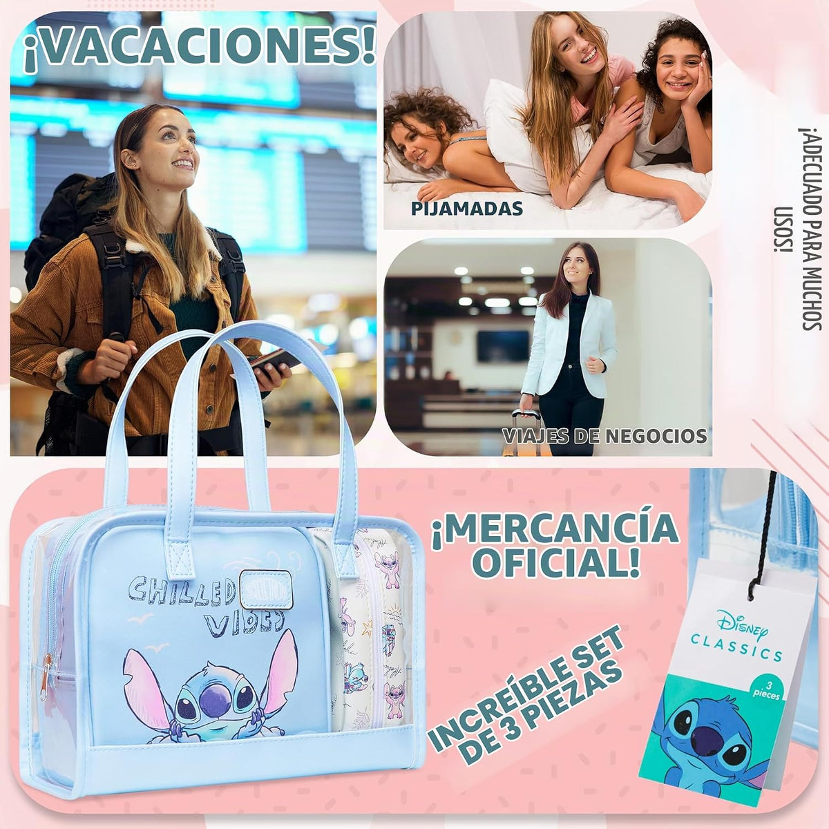 Disney Set de bolsa de aseo Stitch para mujeres y niñas, bolsa de c...