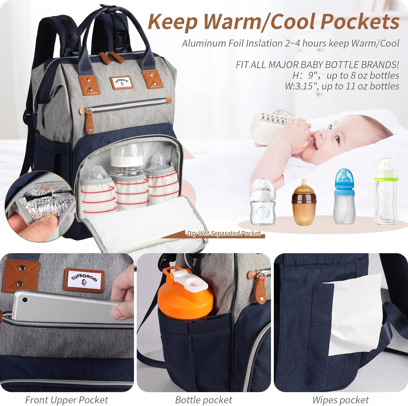 SUPROMOMI Mochila para pañales: bolsa de bebé para niño y niña, bol...