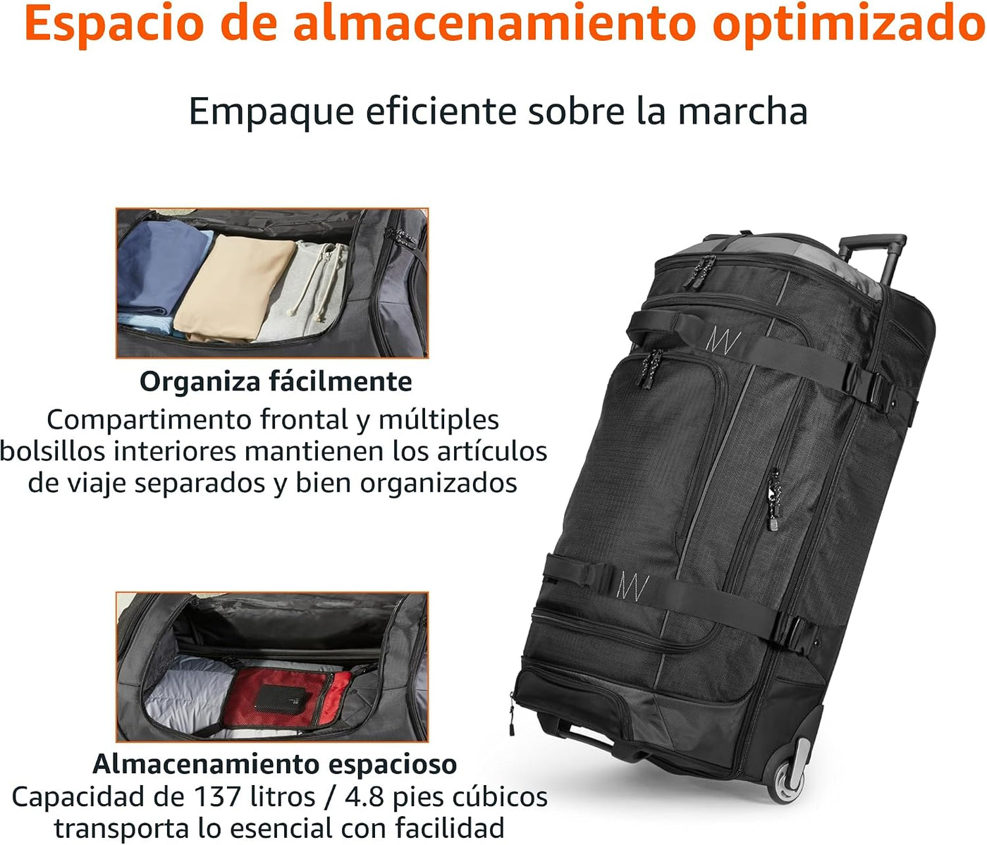 Amazon Basics - Bolsa de viaje con ruedas de Ripstop, Negro