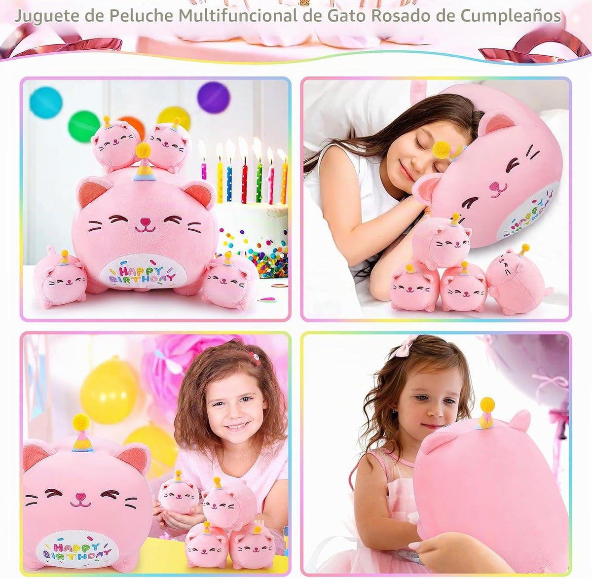 Peluche de Gato Rosa de Cumpleaños, 5 Piezas Familia de Animales de...