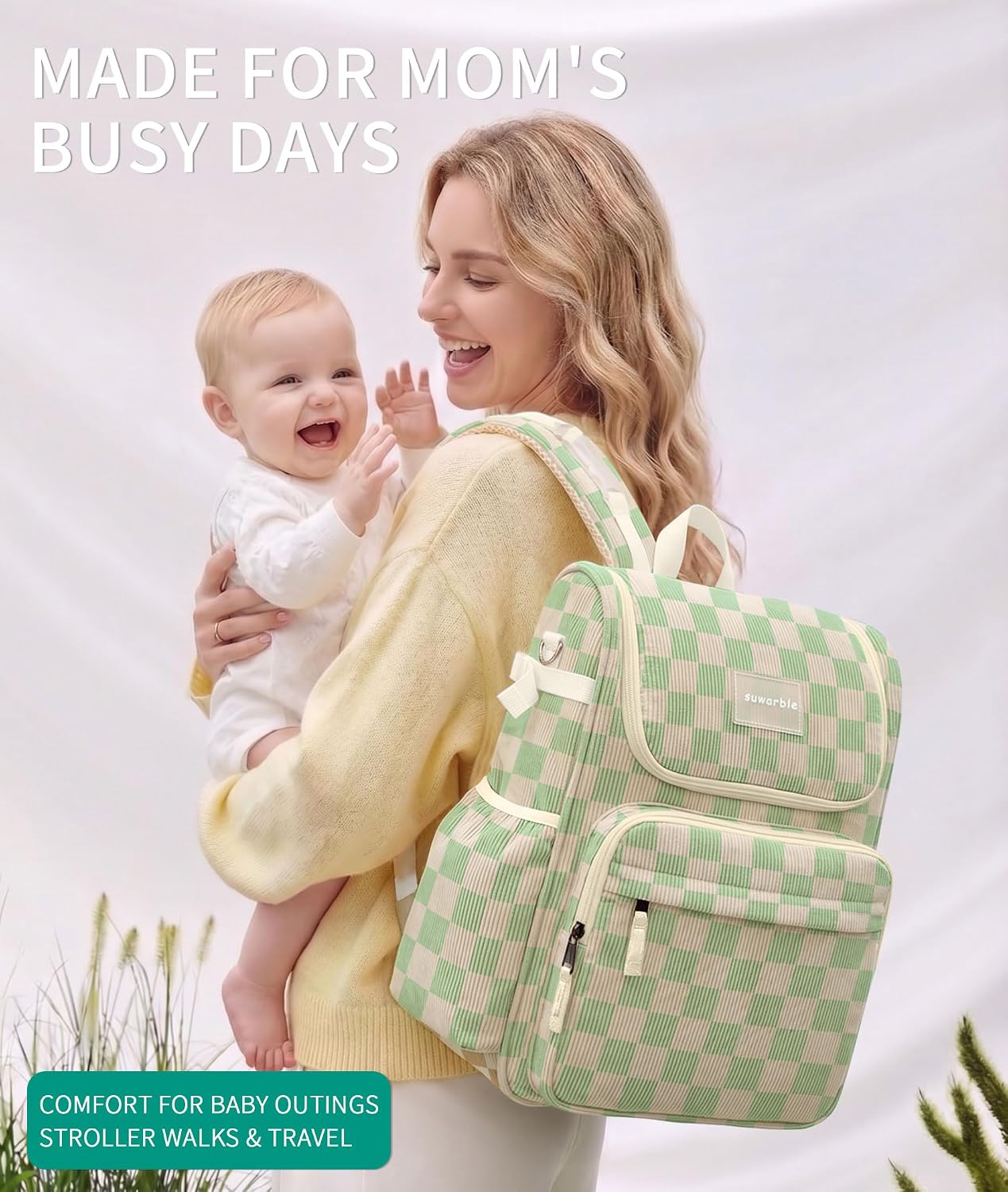 suwarble Mochila grande de pana para pañales para mamá, bolsa de vi...