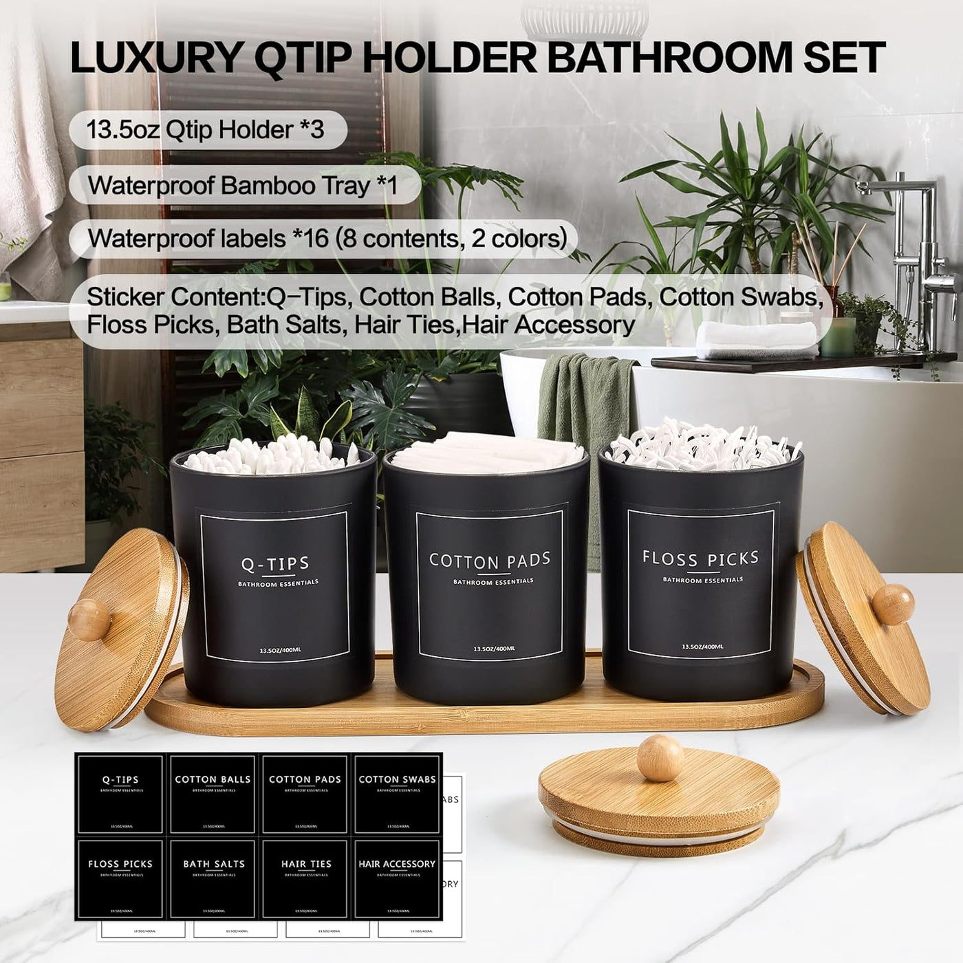 Paquete de 3 soportes Qtip para baño con bandeja, soporte de 13.5 o...