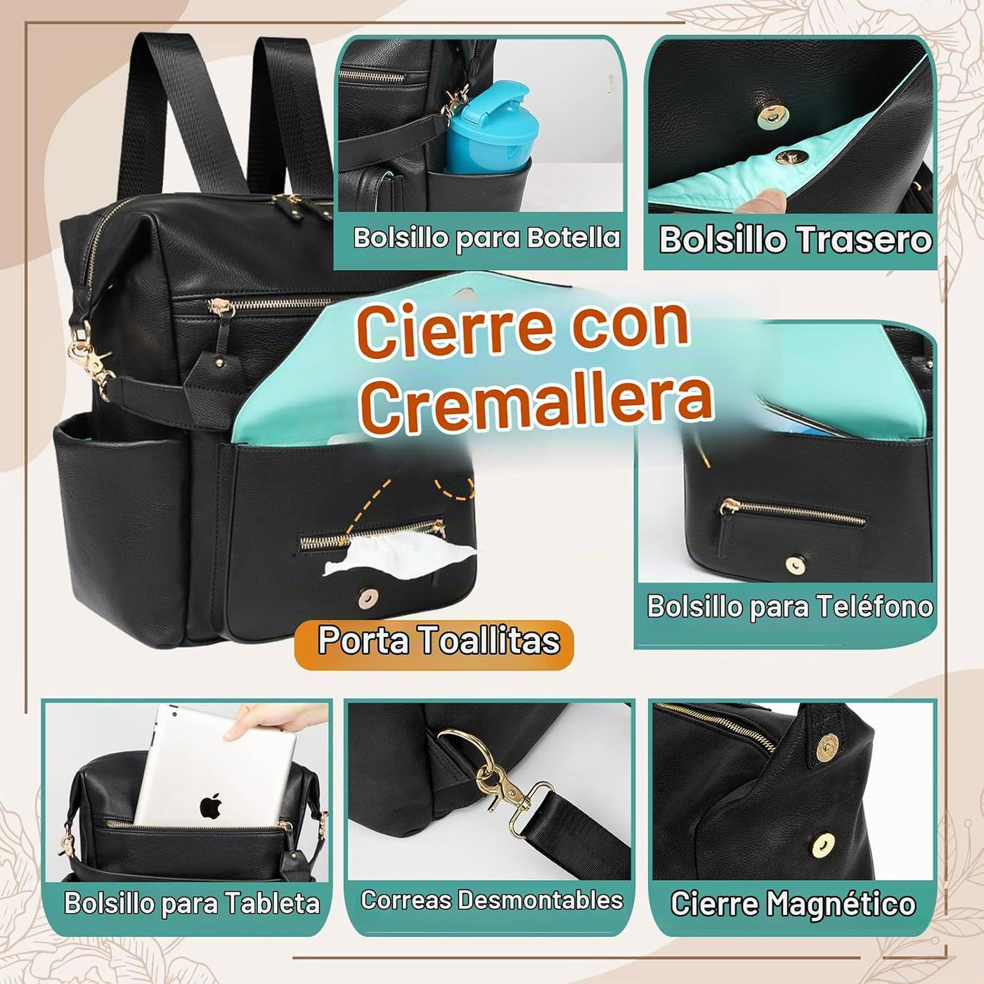 MOMINSIDE - Mochila de cuero convertible para pañales de bebé, bols...