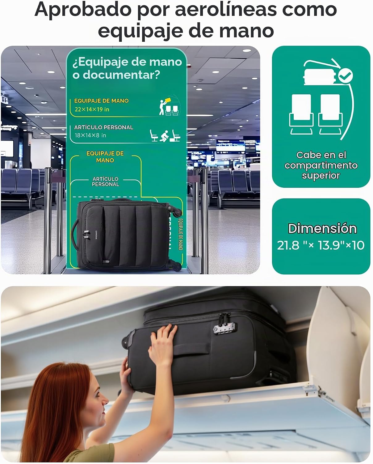 BAGSMART Equipaje de mano debajo del asiento aprobado por aerolínea...