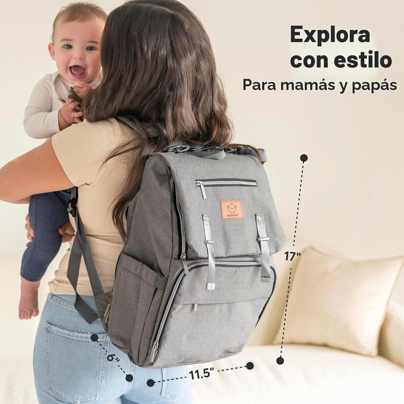 KeaBabies Mochila para pañales para bebé con cambiador, grande (gri...