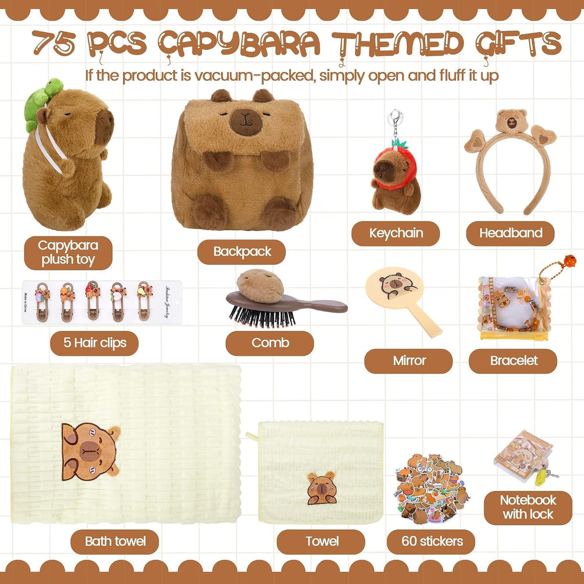 Aodaer Set de 75 piezas de juguete de peluche de capibara con llave...