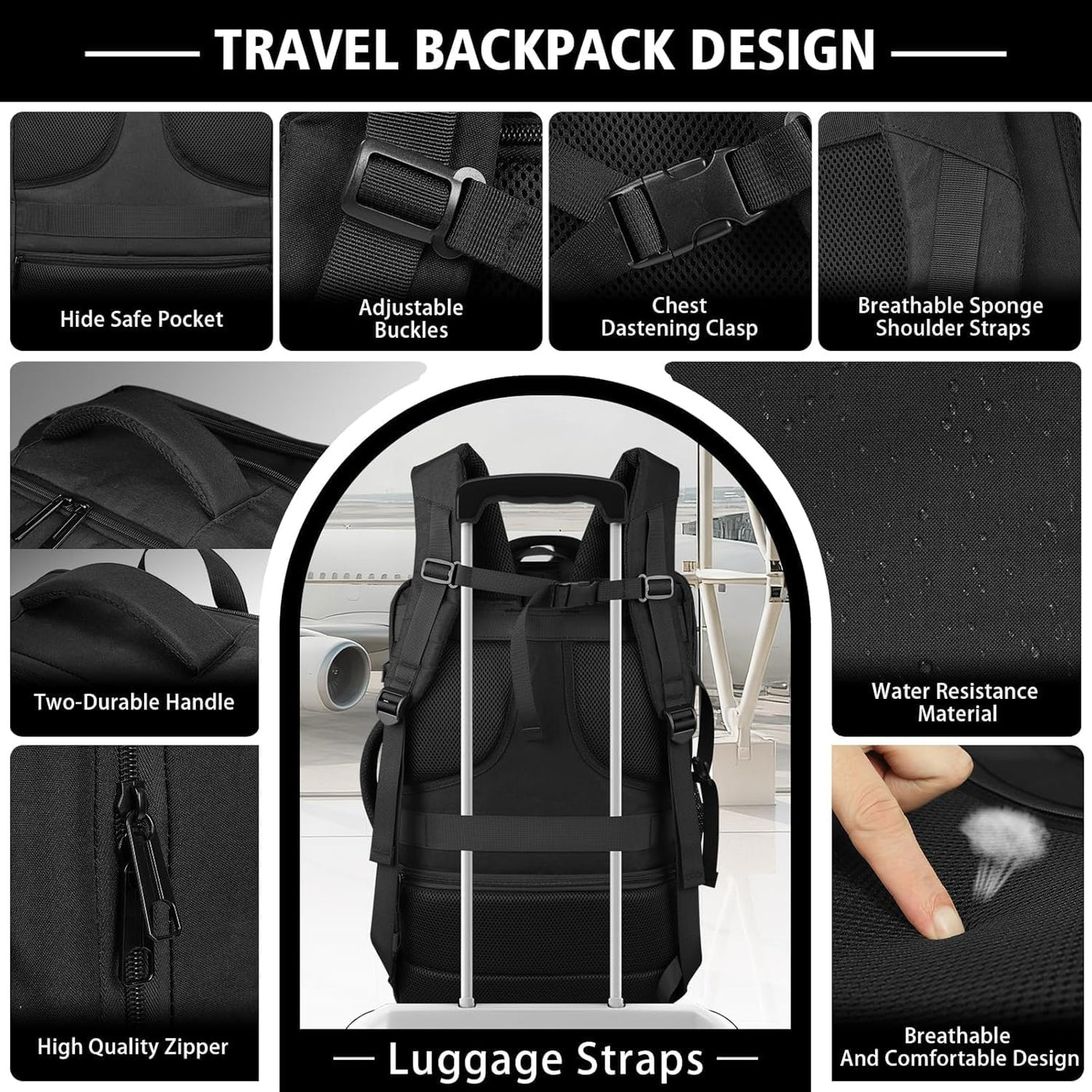 Mochila de transporte espaciosa, mochila de viaje expandible de gra...