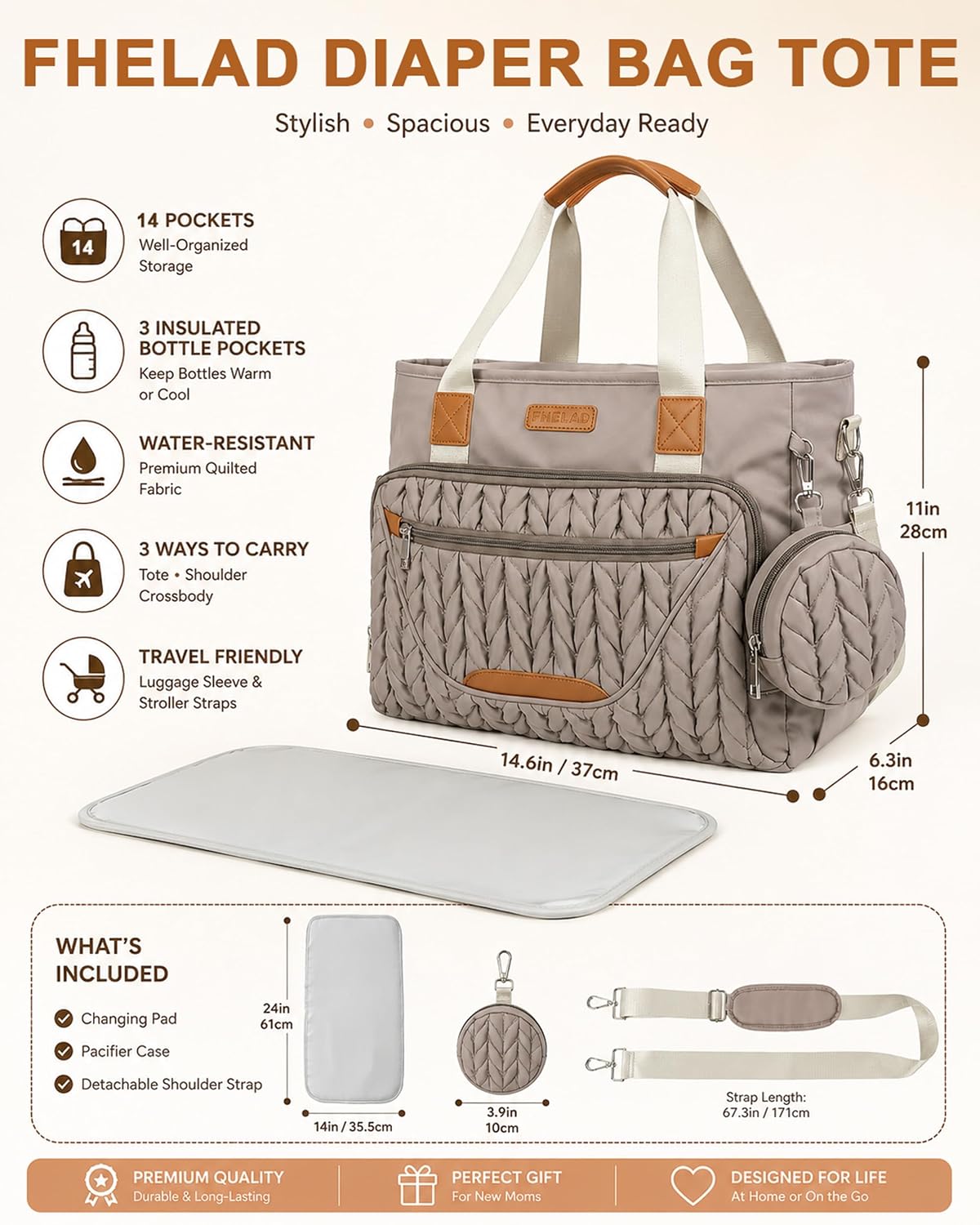 FHELAD Bolsa de pañales, regalo de baby shower para mamá (color mar...