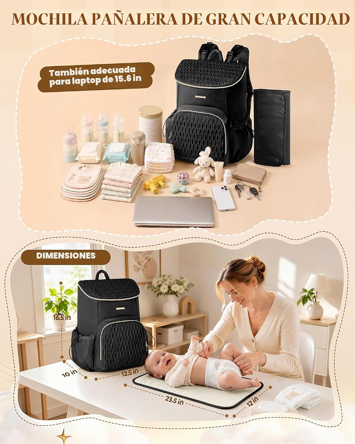 Marscamd Mochila para pañales con cambiador, bolsa de bebé grande,...
