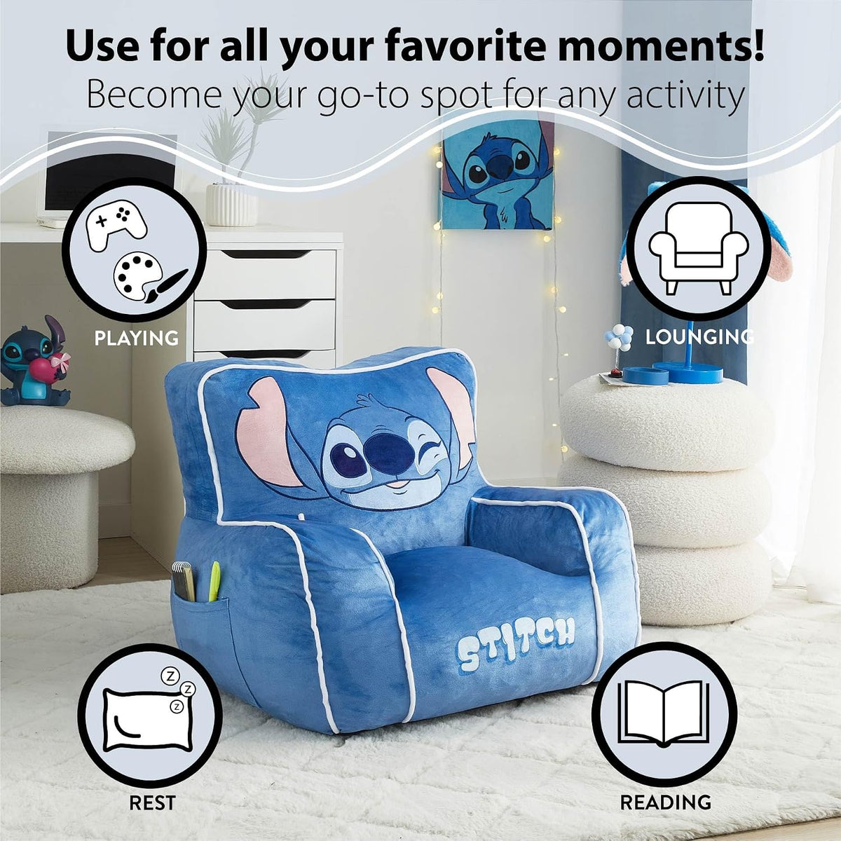 Idea Nuova Disney Stitch - Puf relleno de espuma para niños, asient...