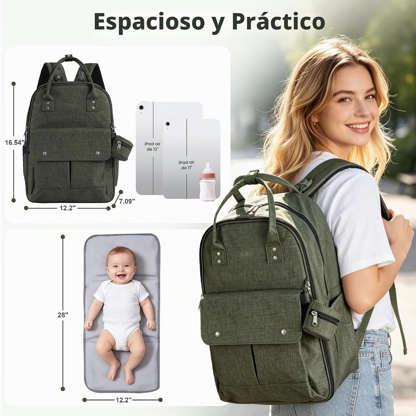 Allovely Mochila moderna para pañales para mamás y papás con bolsil...