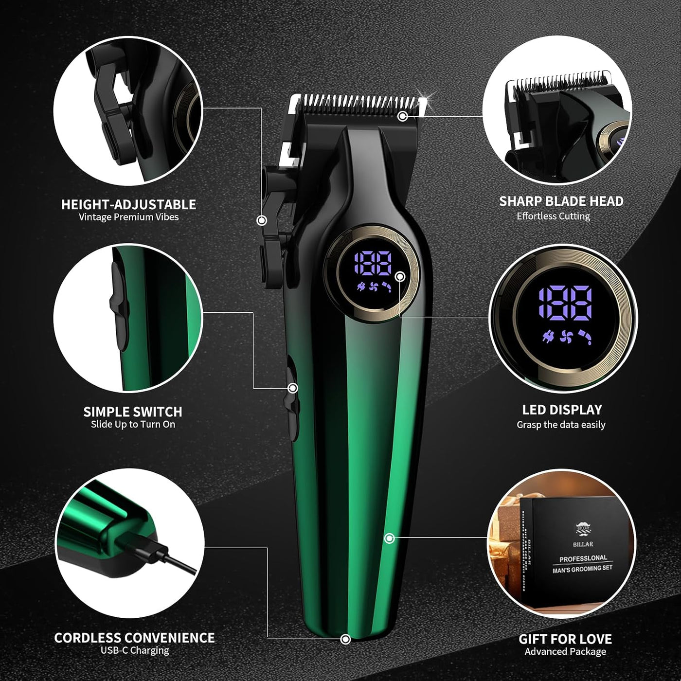 BILLAR Cortadora de pelo profesional para hombres, kit de corte de...