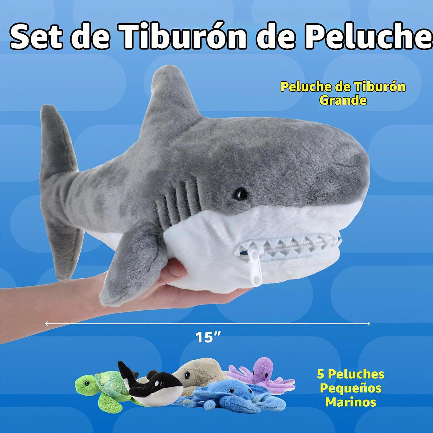 PREXTEX Peluche de tiburón juguete relleno con 5 animales marinos,...