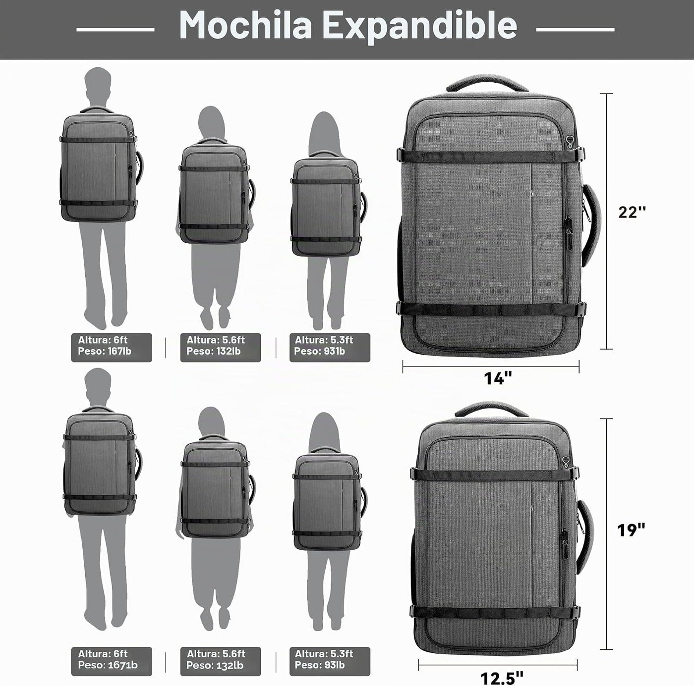 HULVION Mochila de viaje, mochila de mano expandible resistente al...