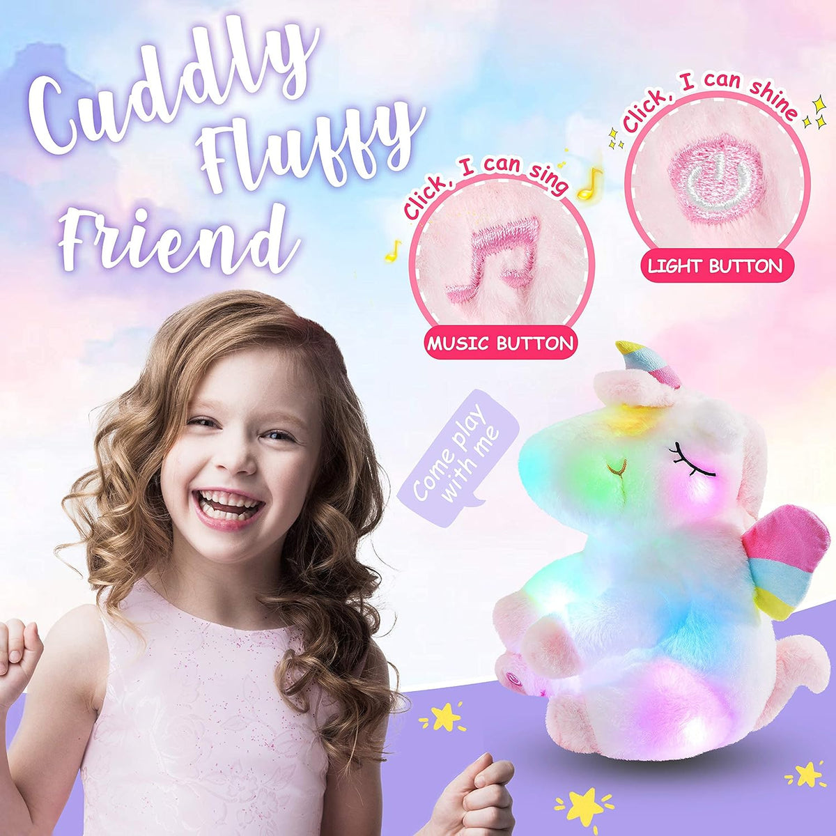 Athoinsu Unicornio de peluche musical con luces LED, suave y con pe...