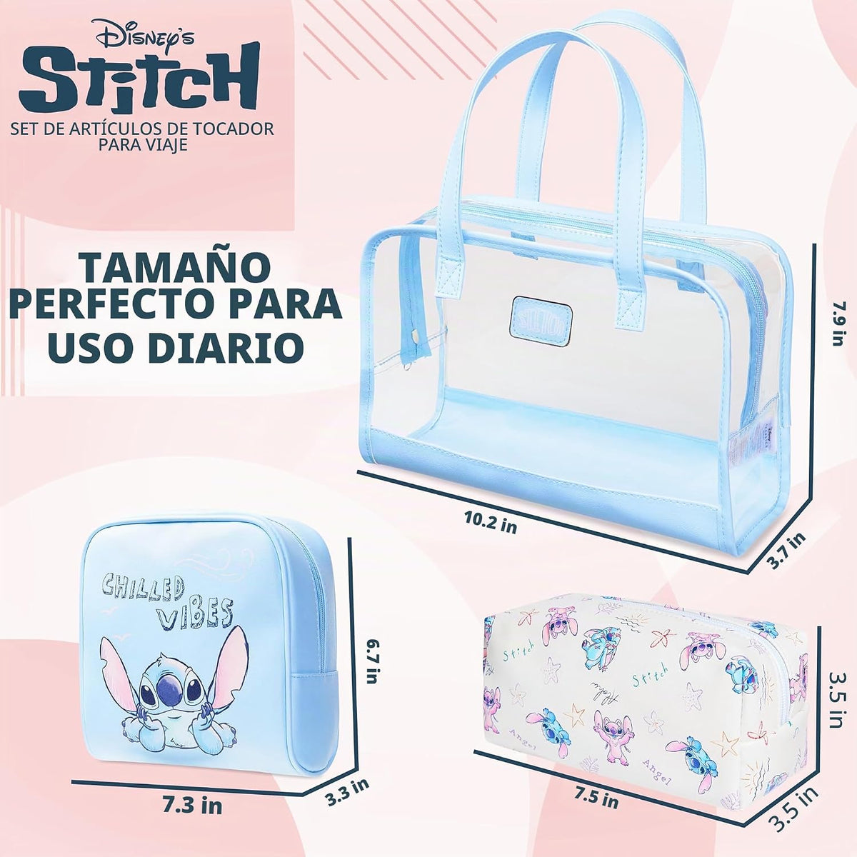 Disney Set de bolsa de aseo Stitch para mujeres y niñas, bolsa de c...