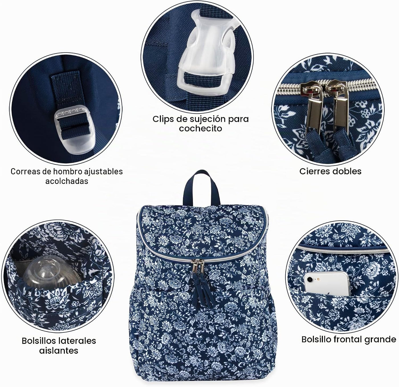Mochila de pañales floral multifunción y bolsa de pañales de viaje...